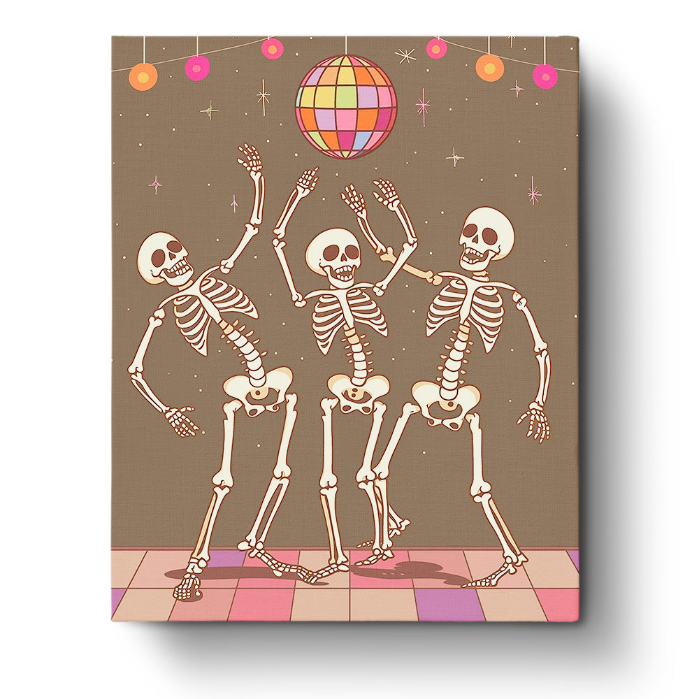 Fixed paint by numbers kit, 24 colors, 16x20in. Dancing skeletons under disco lights. Fun and stress-relieving activity.