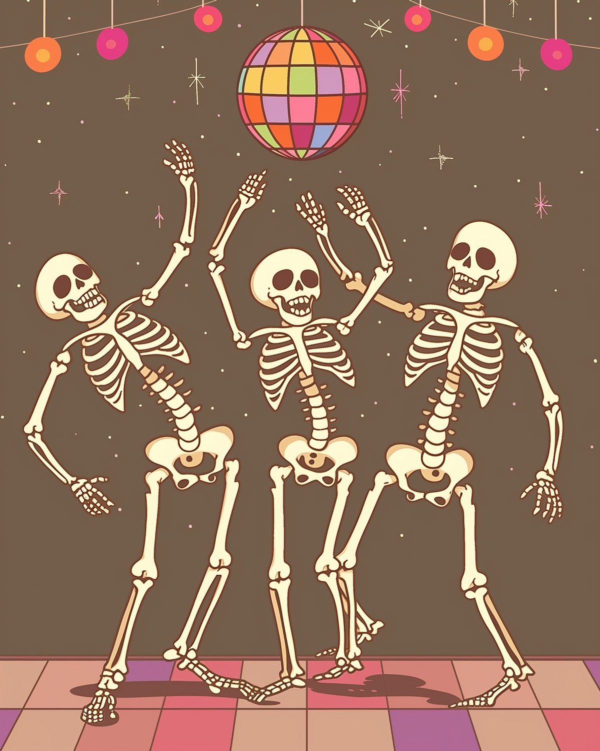 Fixed paint by numbers kit, 24 colors, 12x16in. Joyful skeletons dancing. Perfect for relaxation and artistic expression.