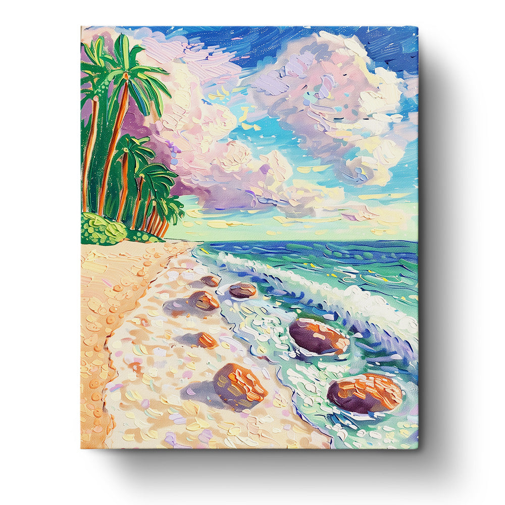 Paint by Numbers kit featuring a colorful beach scene in St. Pete with palm trees, waves, and a vibrant sky with fluffy clouds. - BestPaintByNumbers - Paint by Numbers Fixed Kit