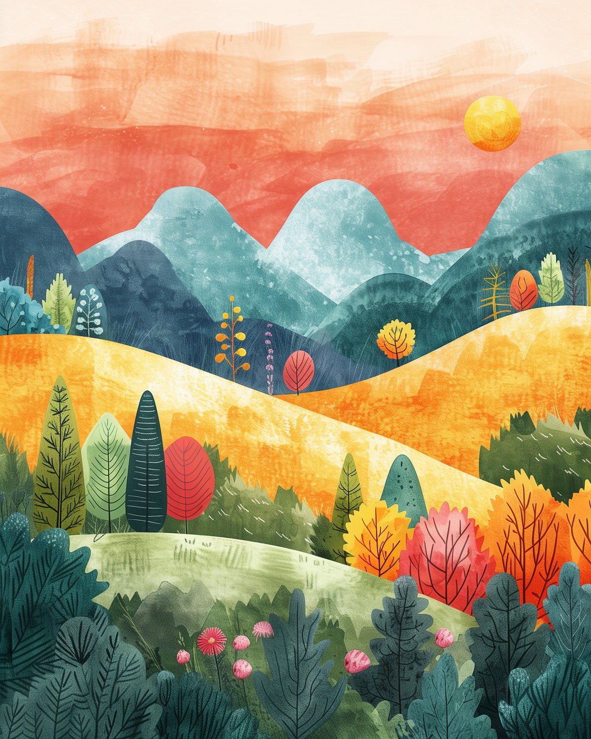 Fixed kit, 24 colors, 12x16in. Bold landscape with vivid colors. Ideal for mindfulness and stress relief.