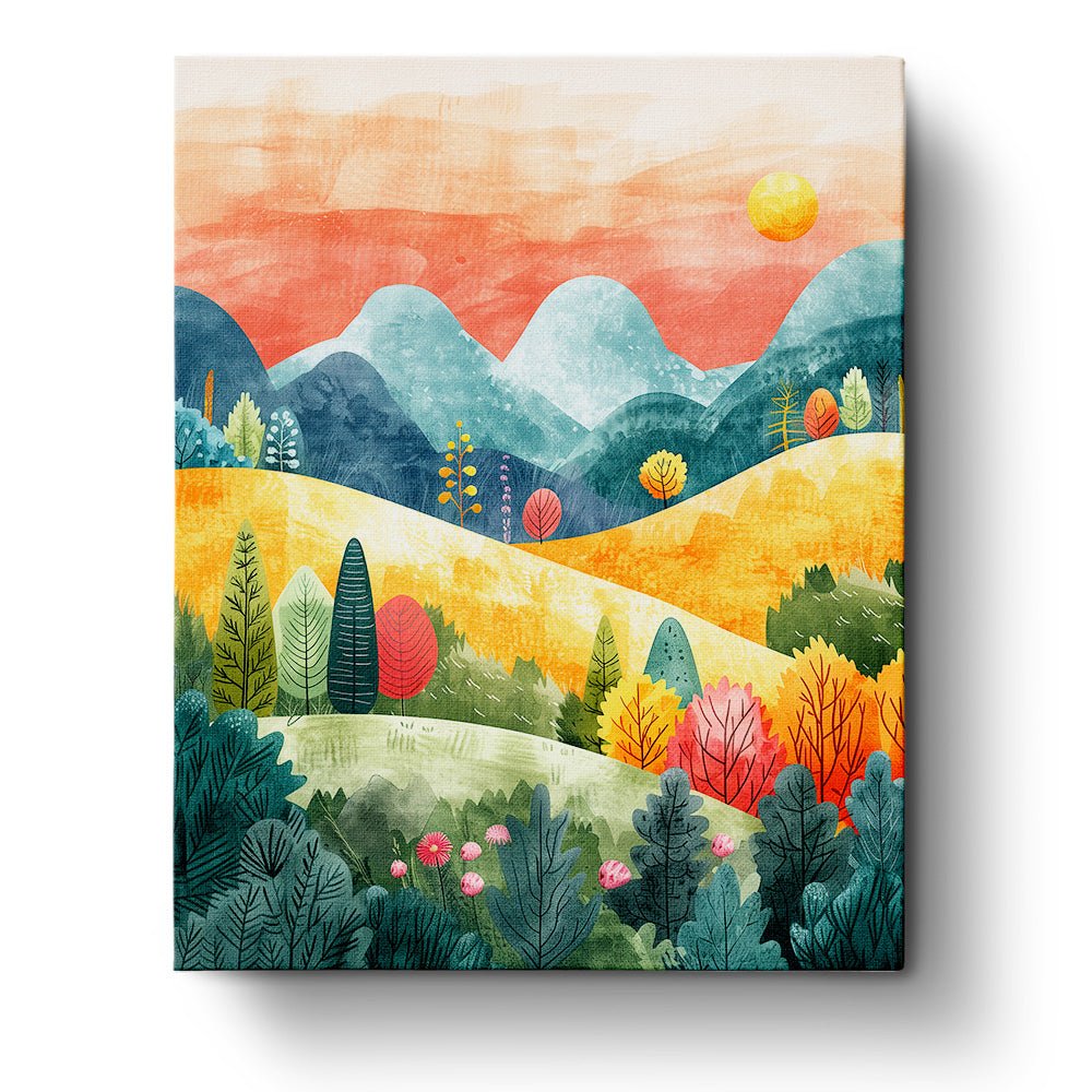 Fixed paint by numbers, 24 colors, 16x20in. Colorful hills with vibrant sunrise. Perfect for a relaxing experience.