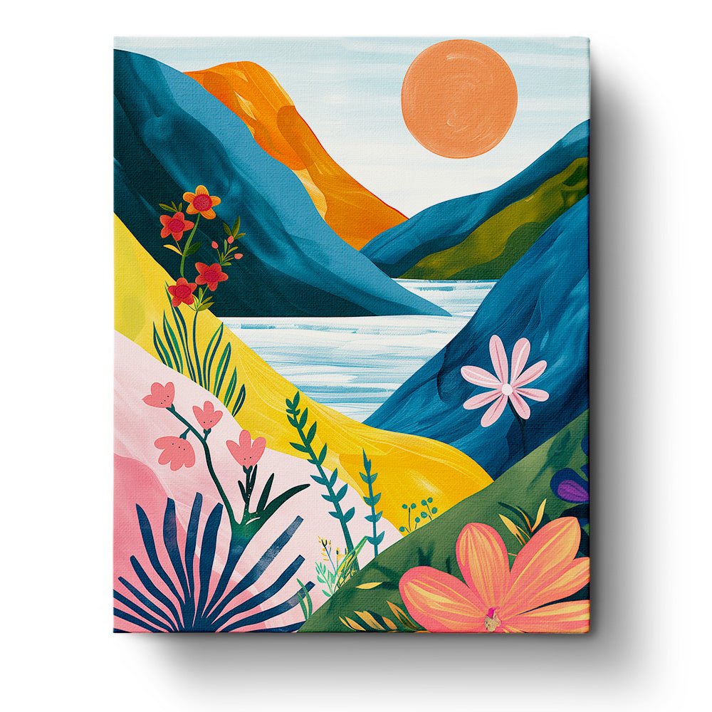 Fixed paint by numbers, 24 colors, 16x20in. Abstract mountains in bold hues. Perfect relaxing activity.