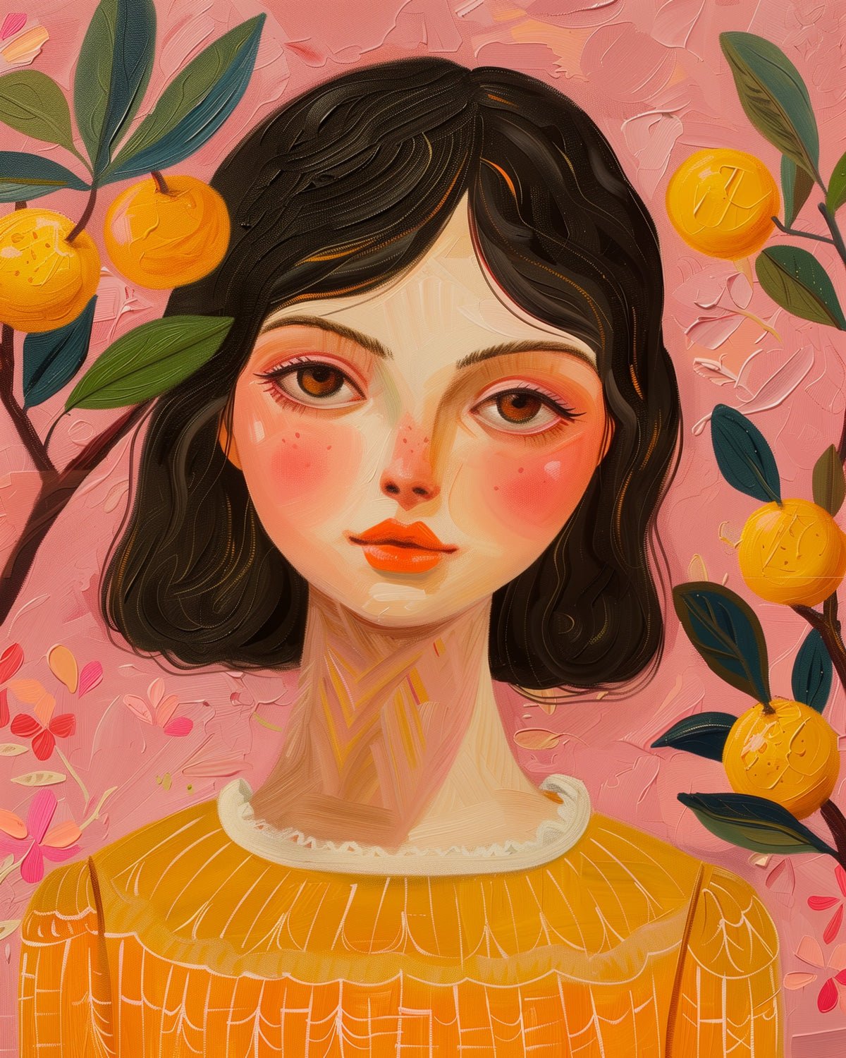 Fixed kit, 24 colors, 12x16in. Portrait of a girl with vibrant oranges. Perfect gift for creative exploration and mindfulness.