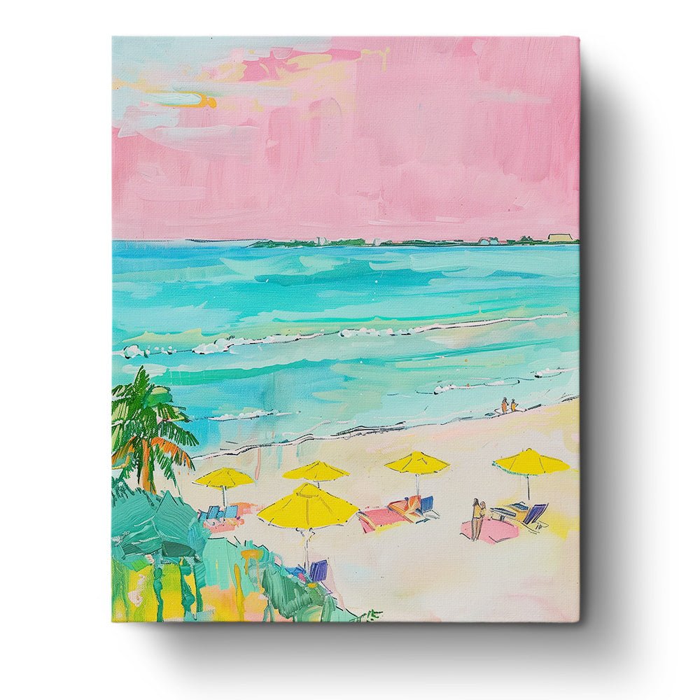 Fixed kit, 24 colors, 16x20in. Miami beach scene with pink sky. Relax and enjoy mindful painting with BestPaintByNumbers.