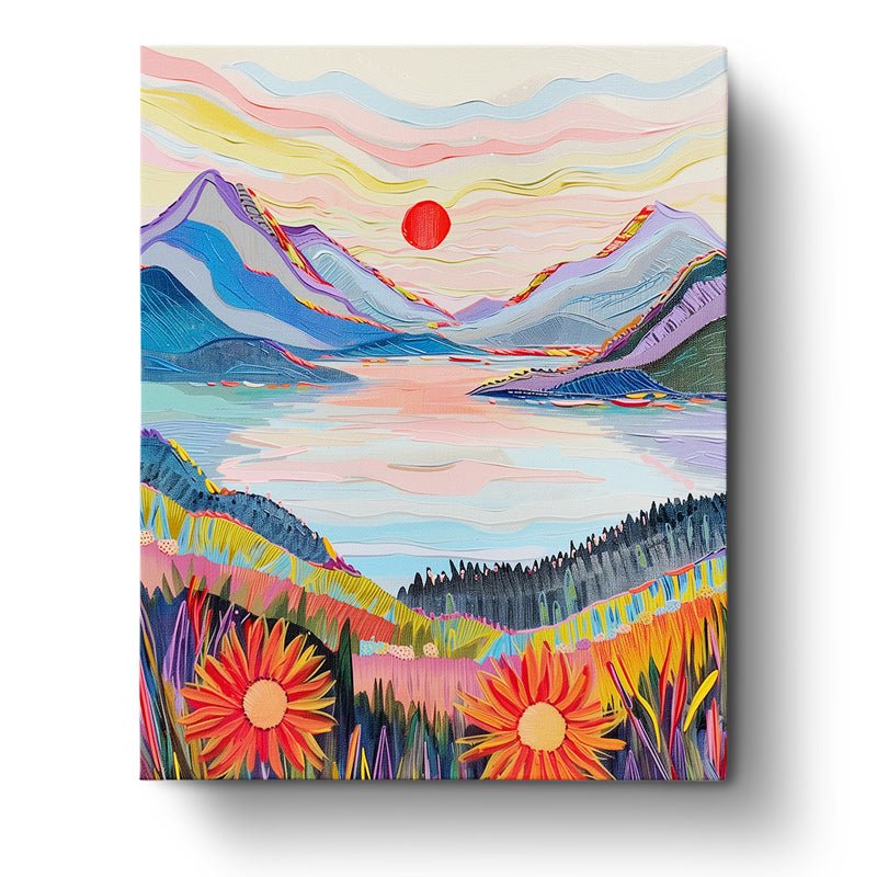 Fixed kit, 24 colors, 16x20in. Abstract sunset lake scene. Mindful painting for relaxation. BestPaintByNumbers.