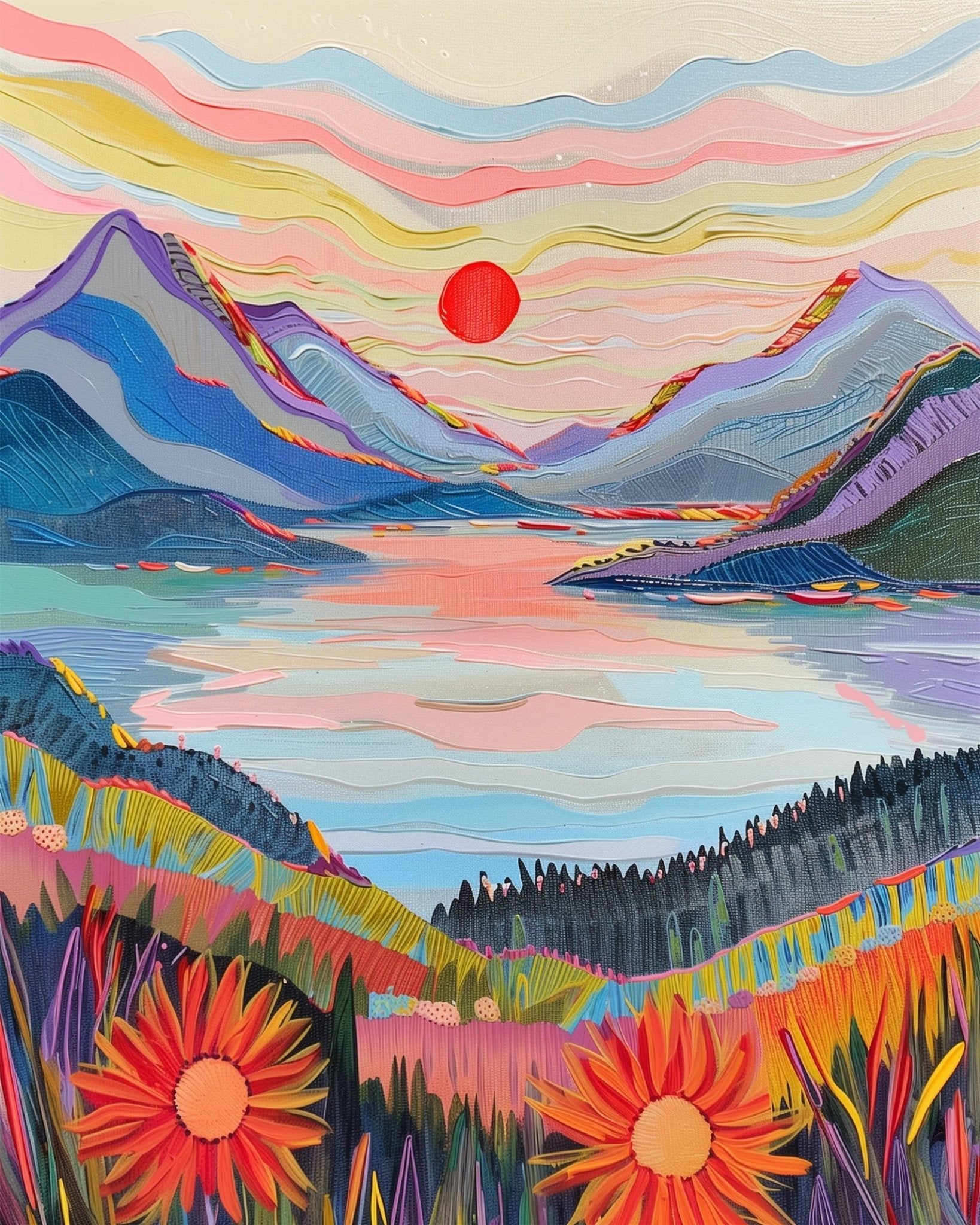 Fixed paint by numbers, 24 colors, 12x16in. Colorful mountain sunset. Enjoy a stress-free creative activity. BestPaintByNumbers.