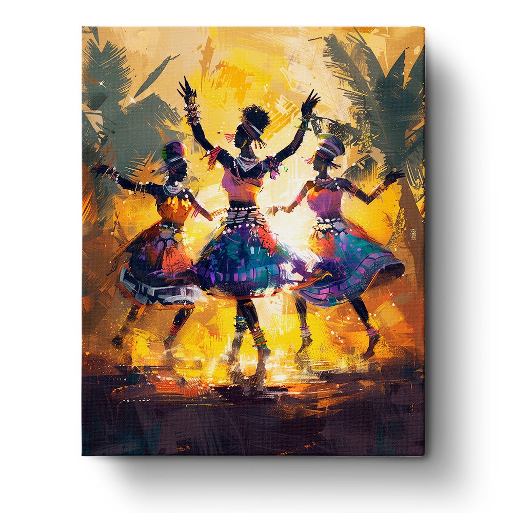 Fixed paint by numbers kit, 24 colors, 16x20in. Energetic African dancers under a sunset. Relieve stress with art.