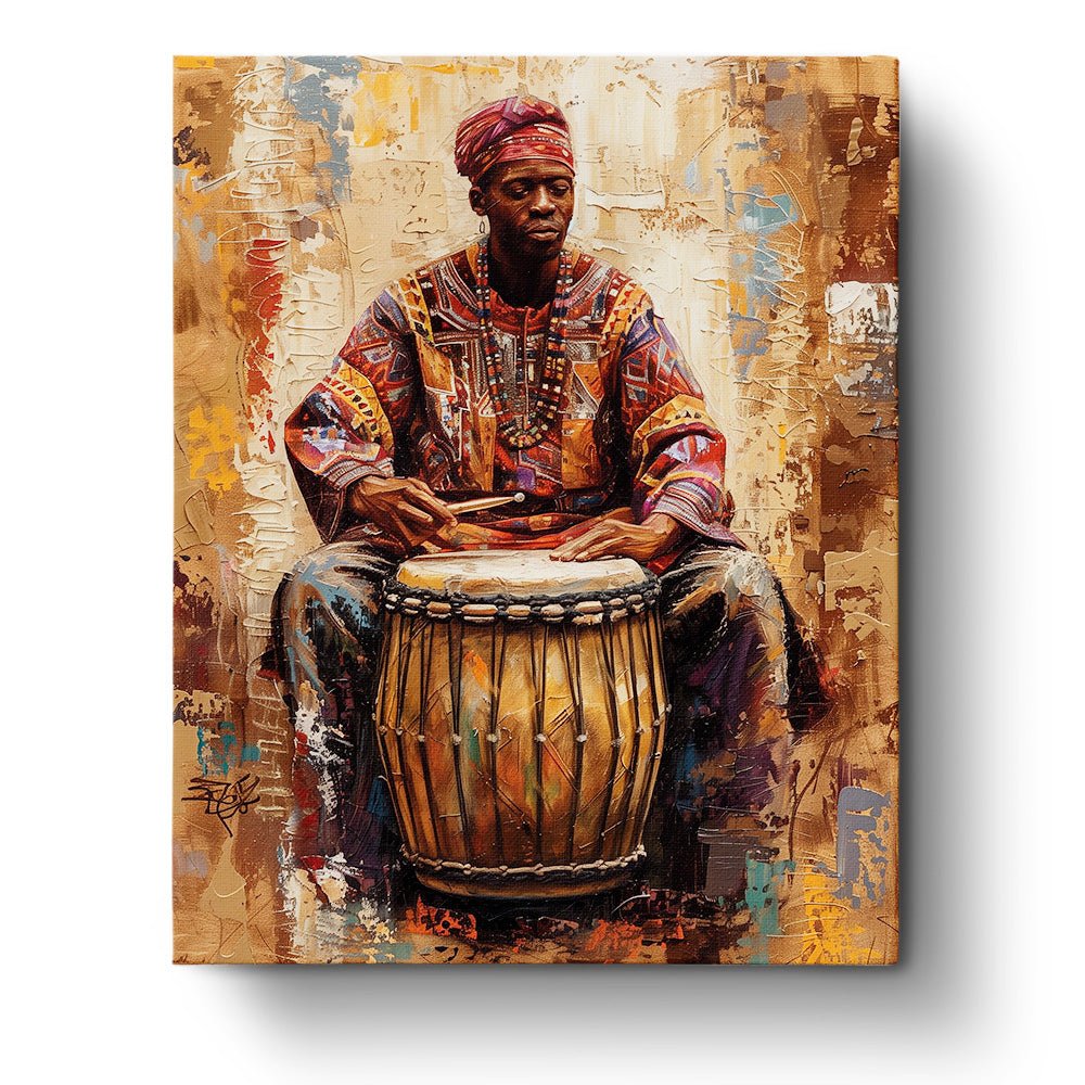 Fixed kit, 24 colors, 16x20in. African drummer with vibrant patterns. Perfect relaxing art project.