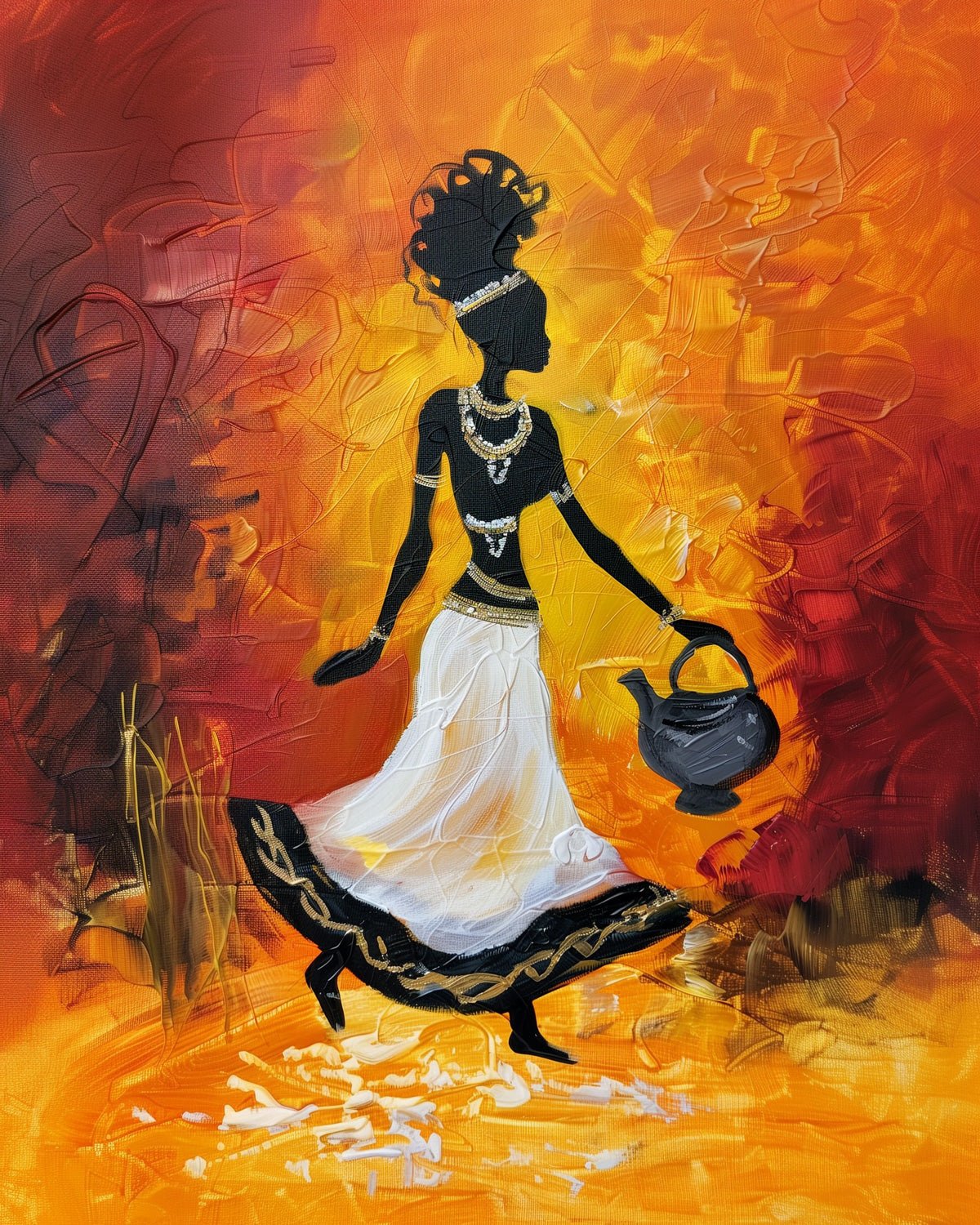 Fixed kit, 24 colors, 12x16in. Graceful woman with jug in bold strokes. Perfect for relaxation and creativity.