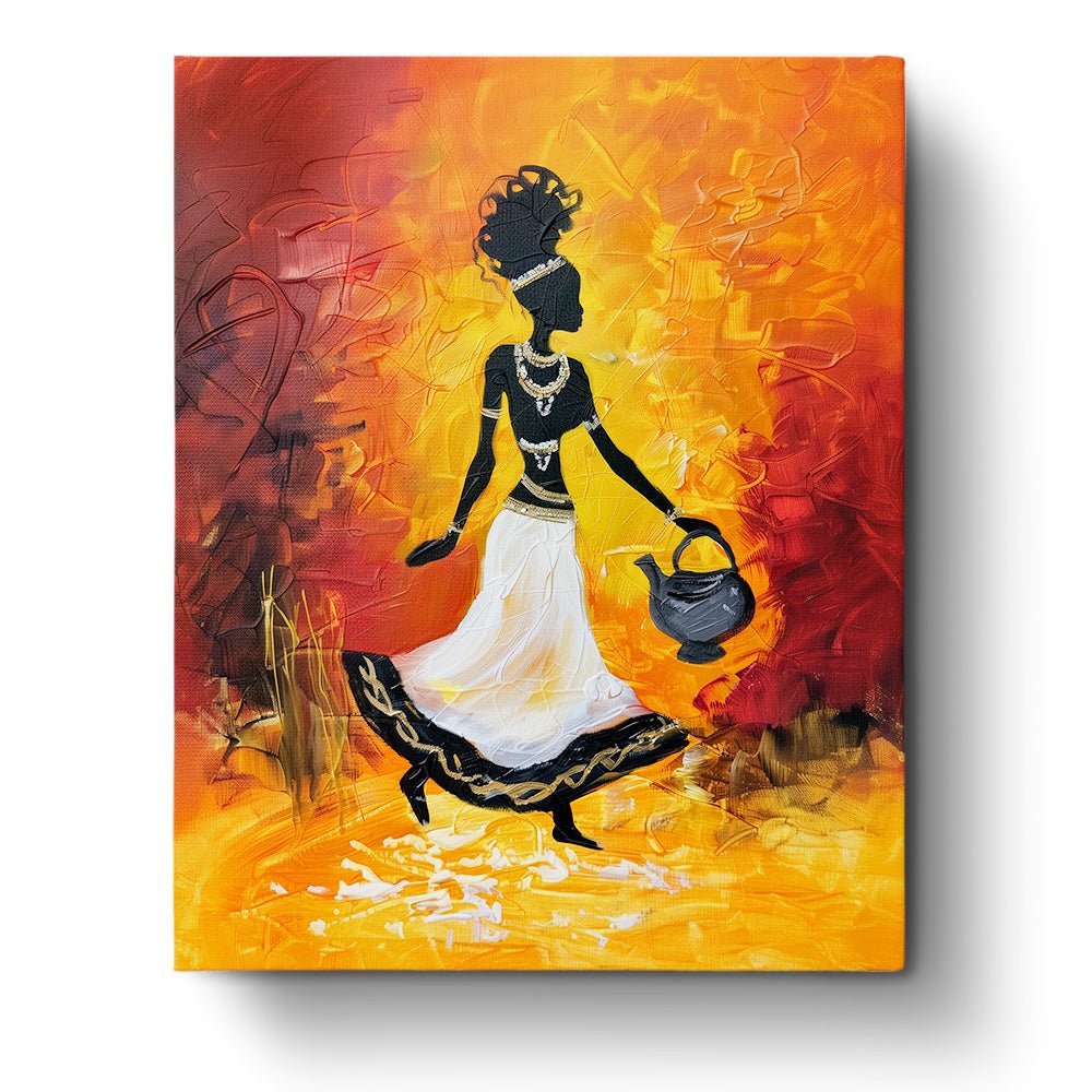 Fixed paint by numbers kit, 24 colors, 16x20in. Elegant African woman with jug in vibrant hues. A calming art experience.