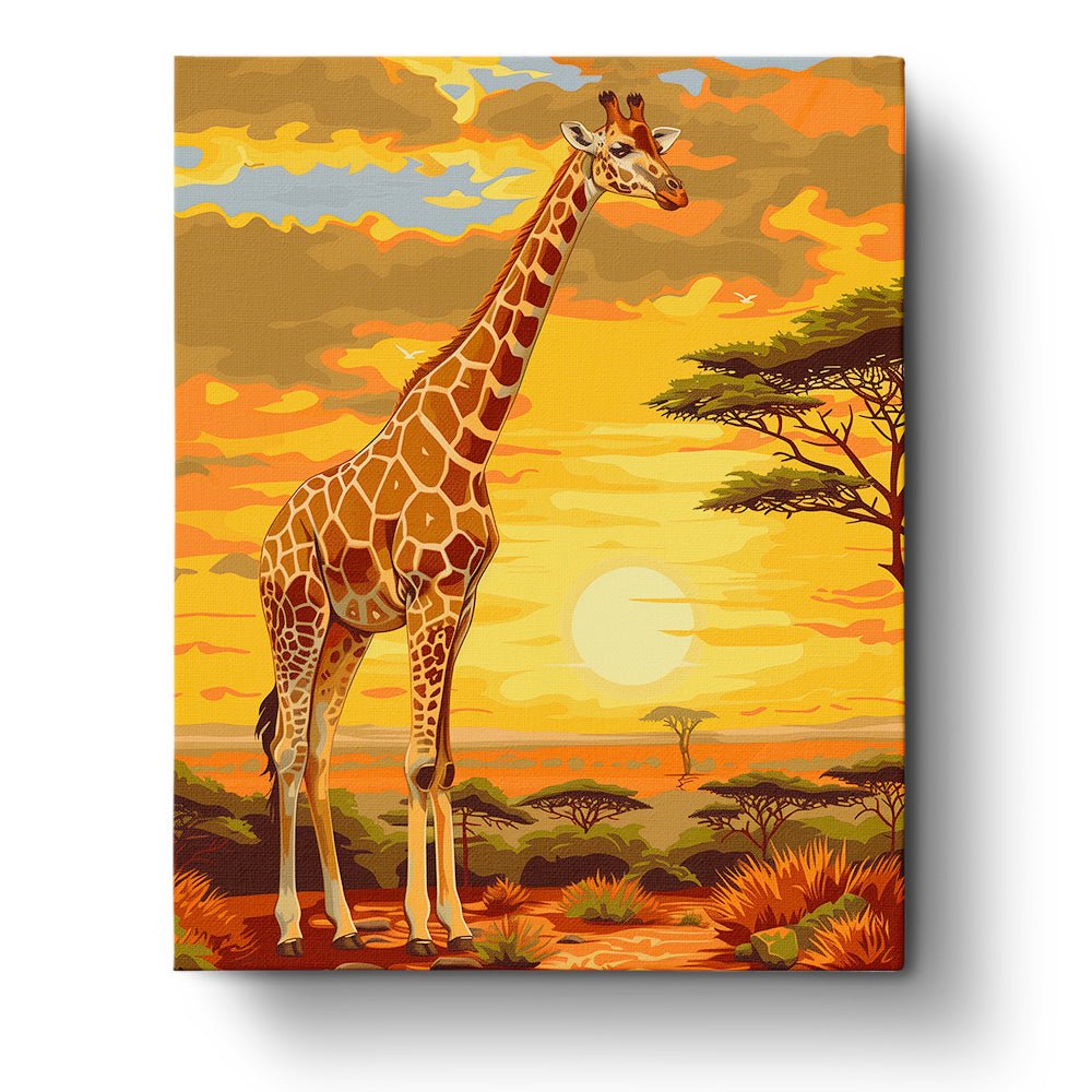 Fixed paint by numbers kit of a giraffe at sunset. 24 colors, 16x20in. Calm and mindful activity with bold strokes.