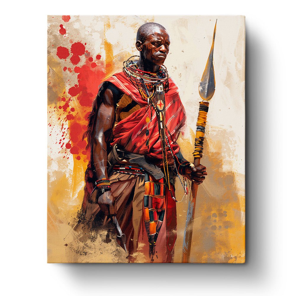 Fixed paint by numbers kit, 24 colors, 16x20in. Masai warrior with vibrant attire. Enjoy a mindful painting experience.