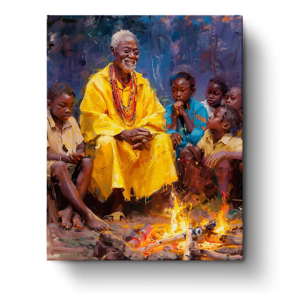 Fixed kit, 24 colors, 16x20in. Elder with children by fire. Vibrant scene for relaxation. BestPaintByNumbers.