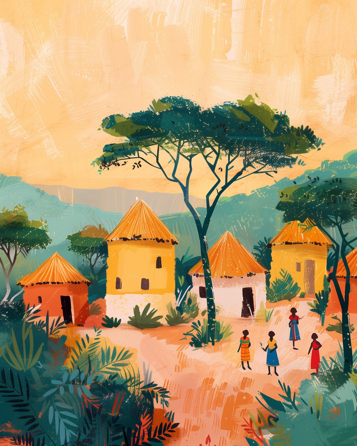Fixed kit, 24 colors, 12x16in. Colorful African village scene. Enjoy a mindful painting experience. Great for relaxation.