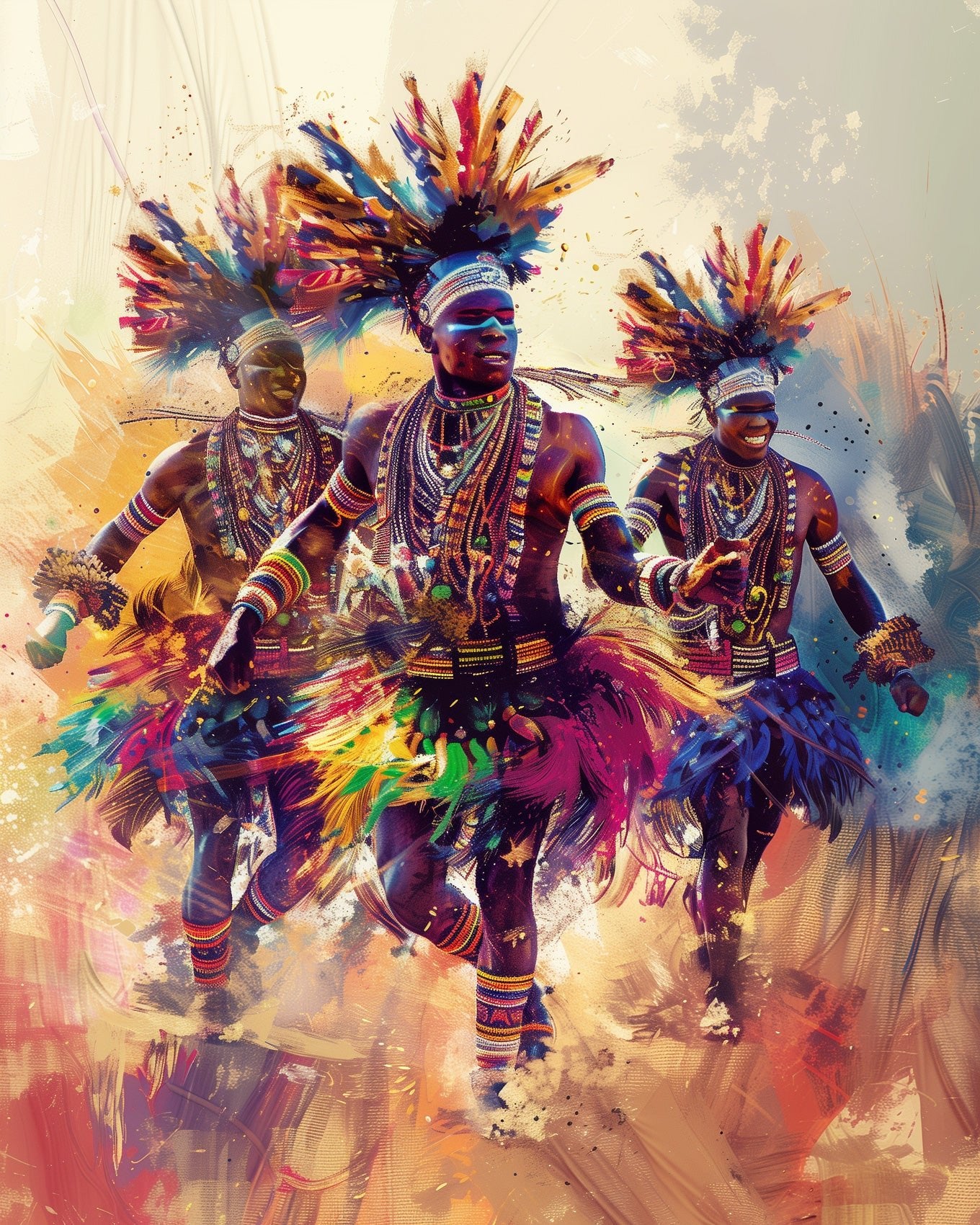 Zulu dancers art, fixed kit, 24 colors, 12x16in. Bold strokes bring culture to life. Stress-relieving creativity.