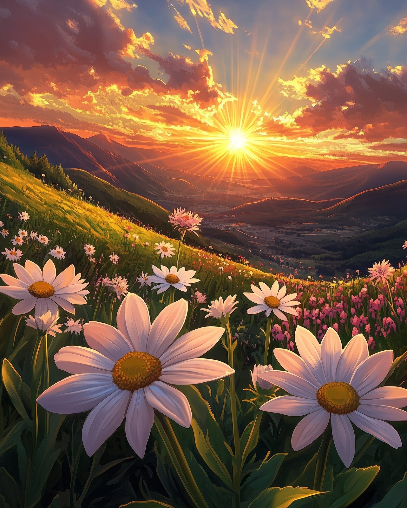 Alpine Sunrise Over Daisies - Landscape - BestPaintByNumbers - Paint by Numbers Custom Kit