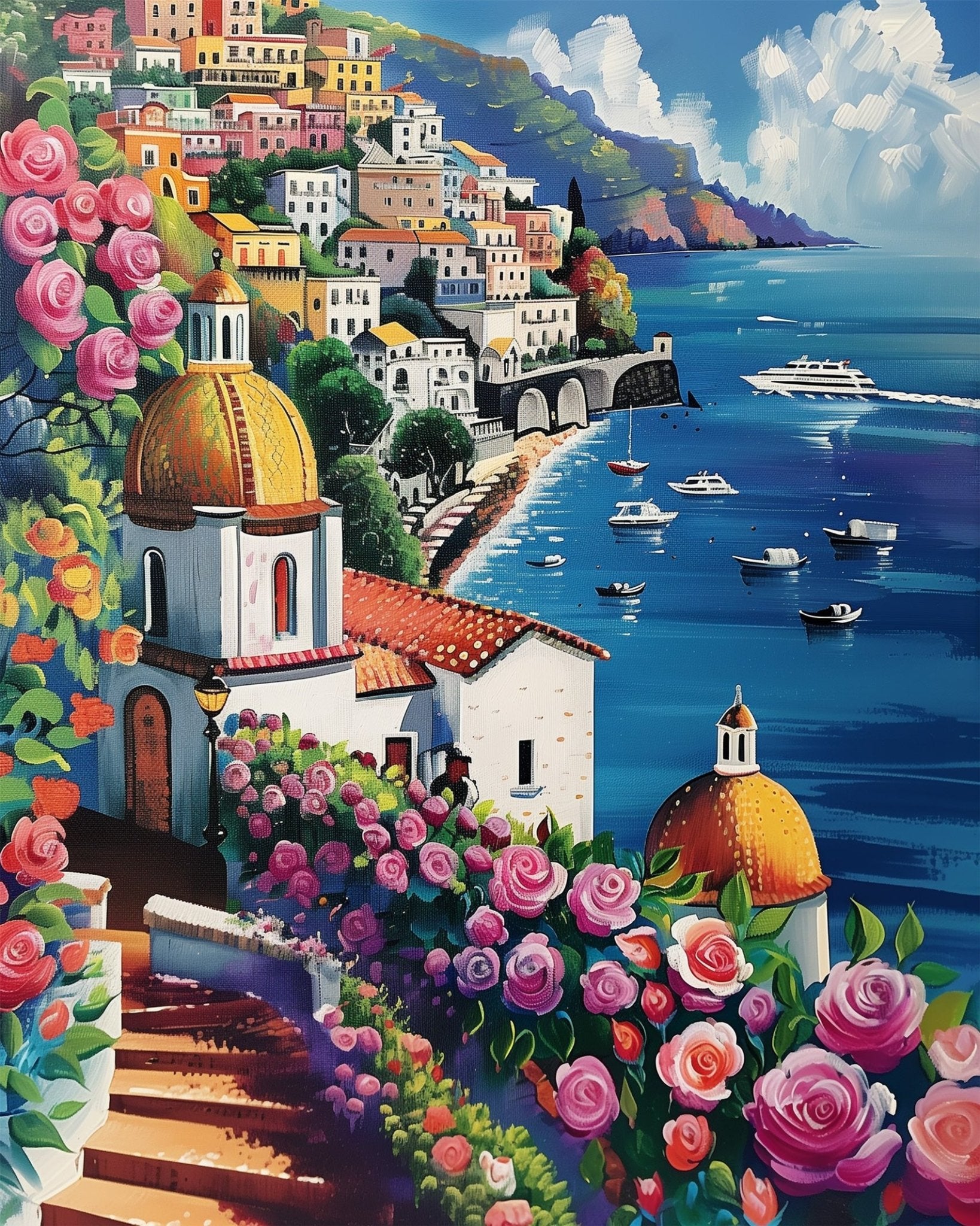 Fixed kit, 24 colors, 16x20in. Create a peaceful Italian coastal scene with bold colors. Perfect for stress relief.