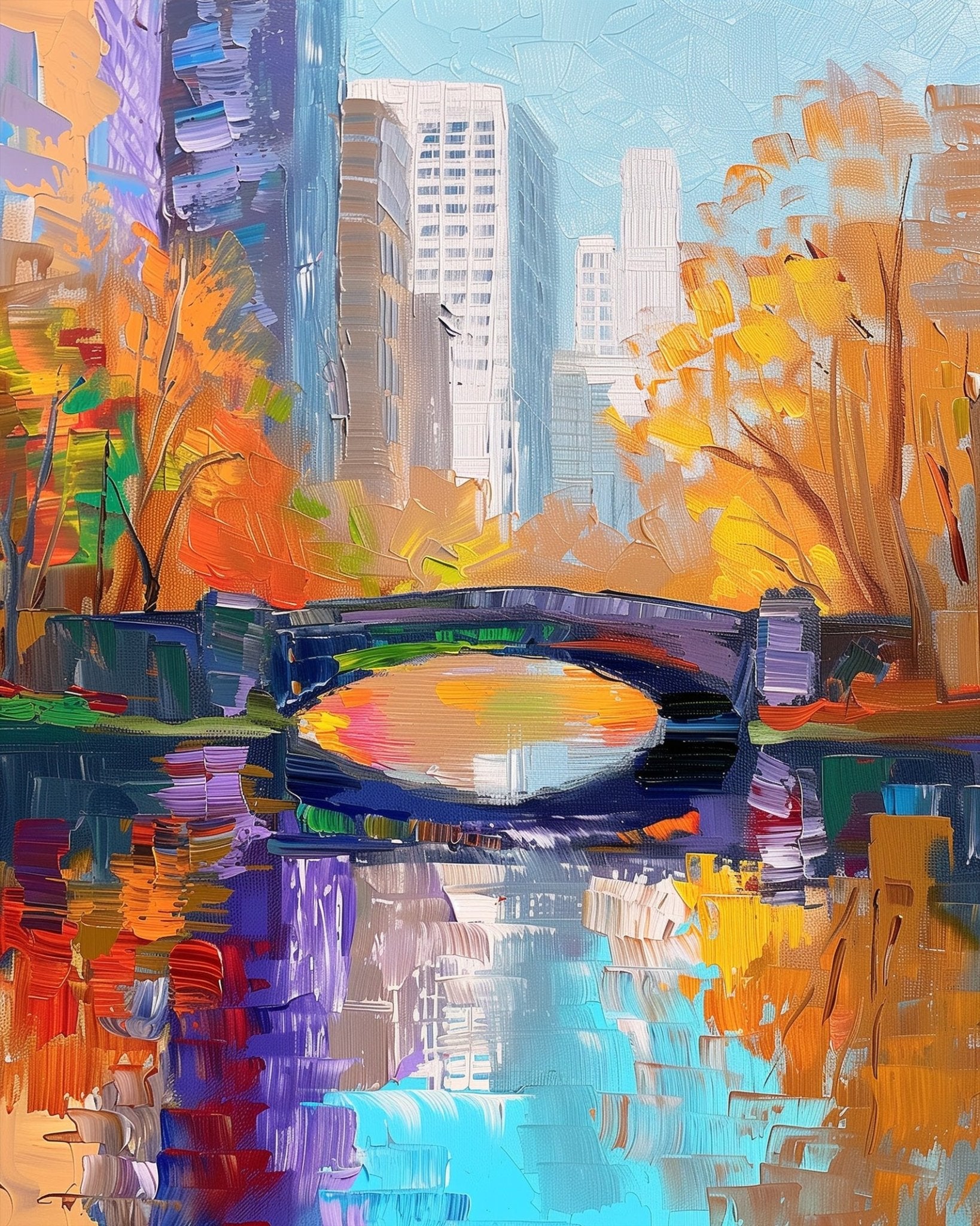 Enjoy painting a city reflection with 24 colors. Bold autumn scene, 16x20in canvas. Perfect for mindfulness and art relaxation.