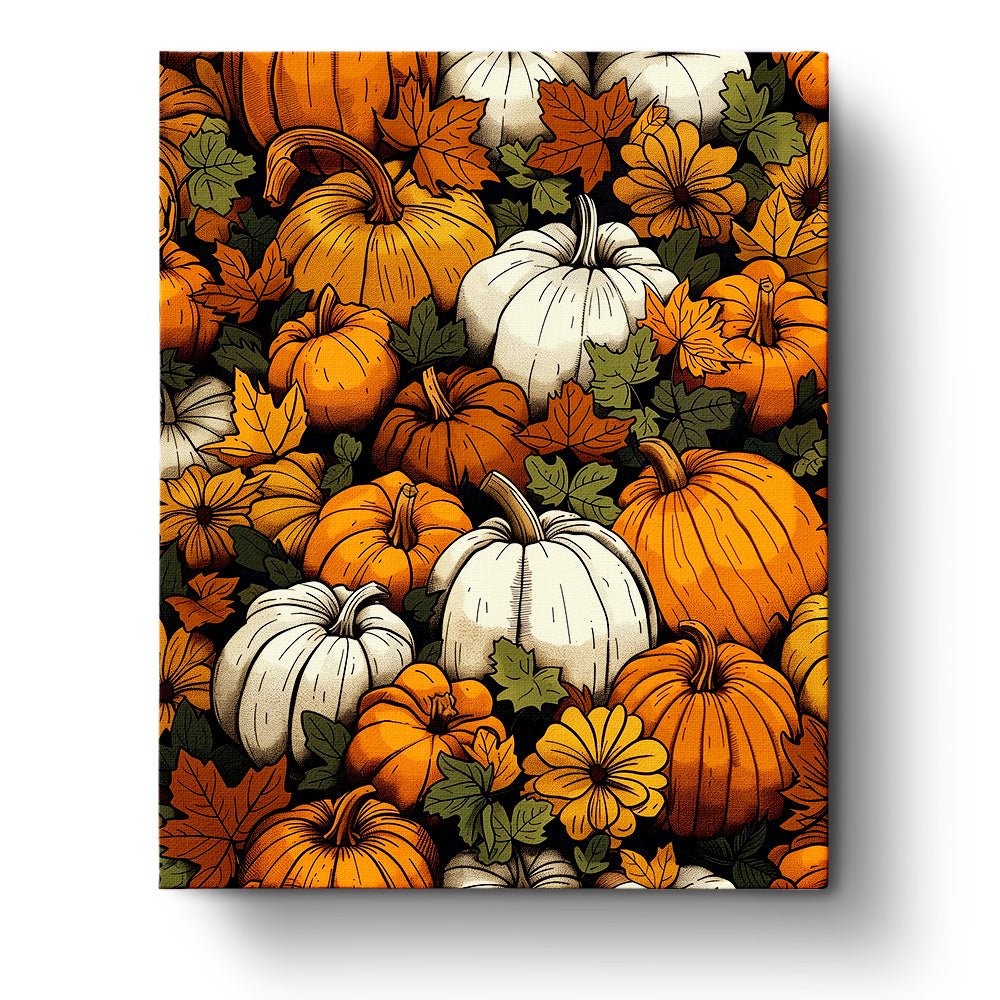 Fixed paint by numbers kit, 24 colors, 16x20in. Cozy pumpkins and leaves. Autumn charm for relaxation.