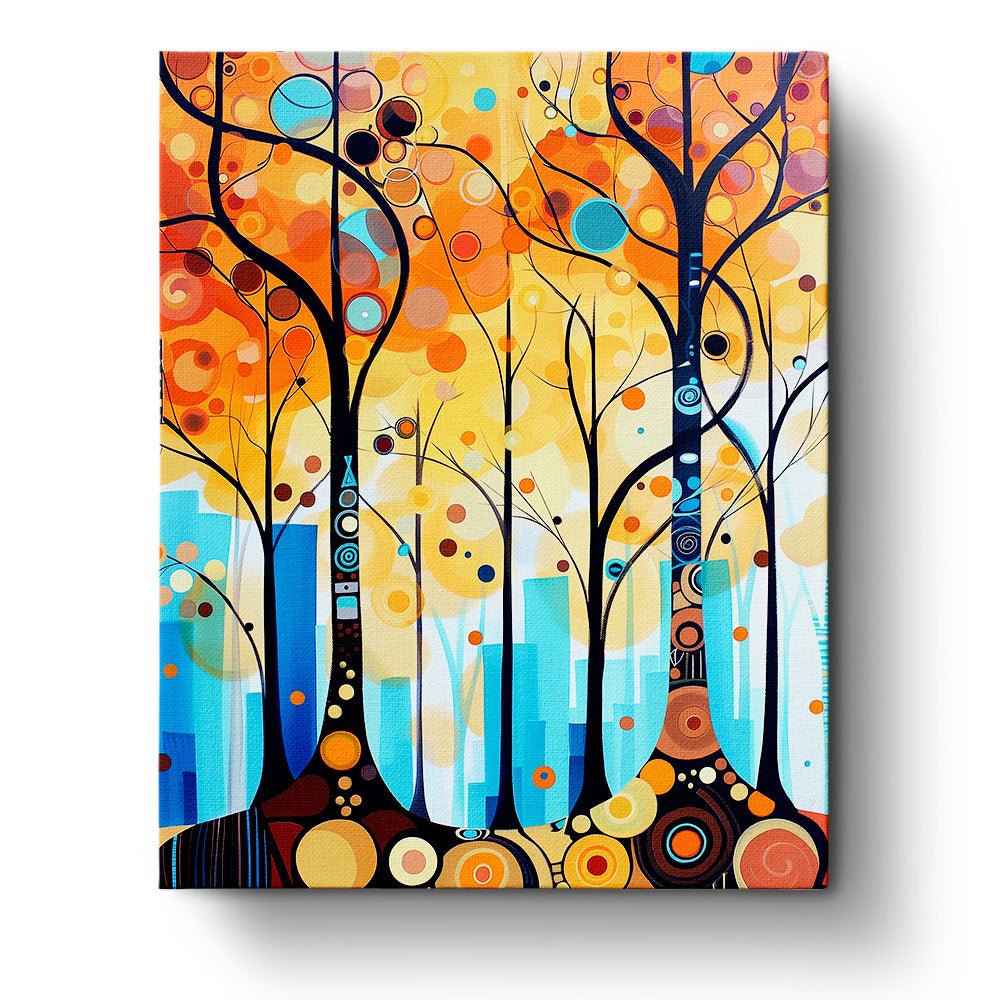 Fixed paint by numbers kit, 24 colors, 16x20in. Urban trees with vibrant leaves. A mindful and creative experience.