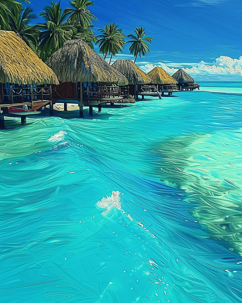 Fixed paint by numbers kit, 24 colors, 12x16in. Serene overwater bungalows scene. A mindful and calming painting activity.