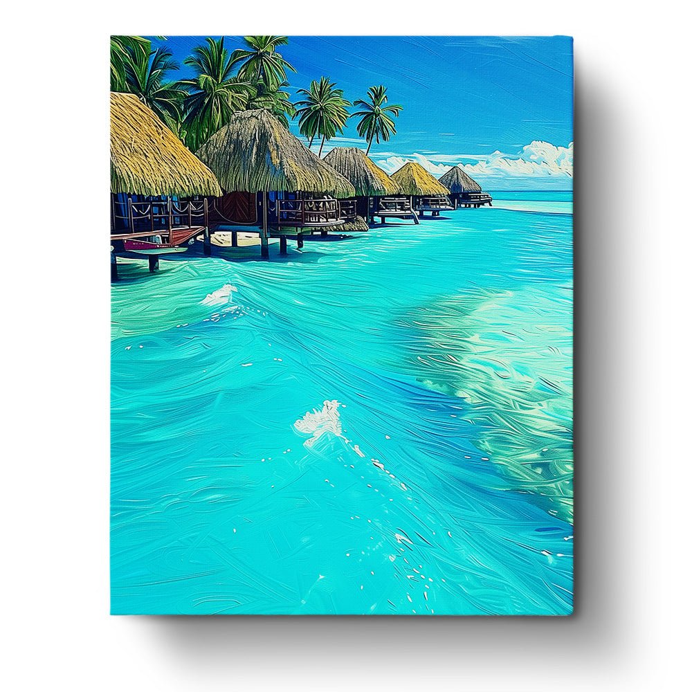 Fixed paint by numbers kit, 24 colors, 16x20in. Tropical bungalows with palm trees. Ideal for relaxation and creativity.