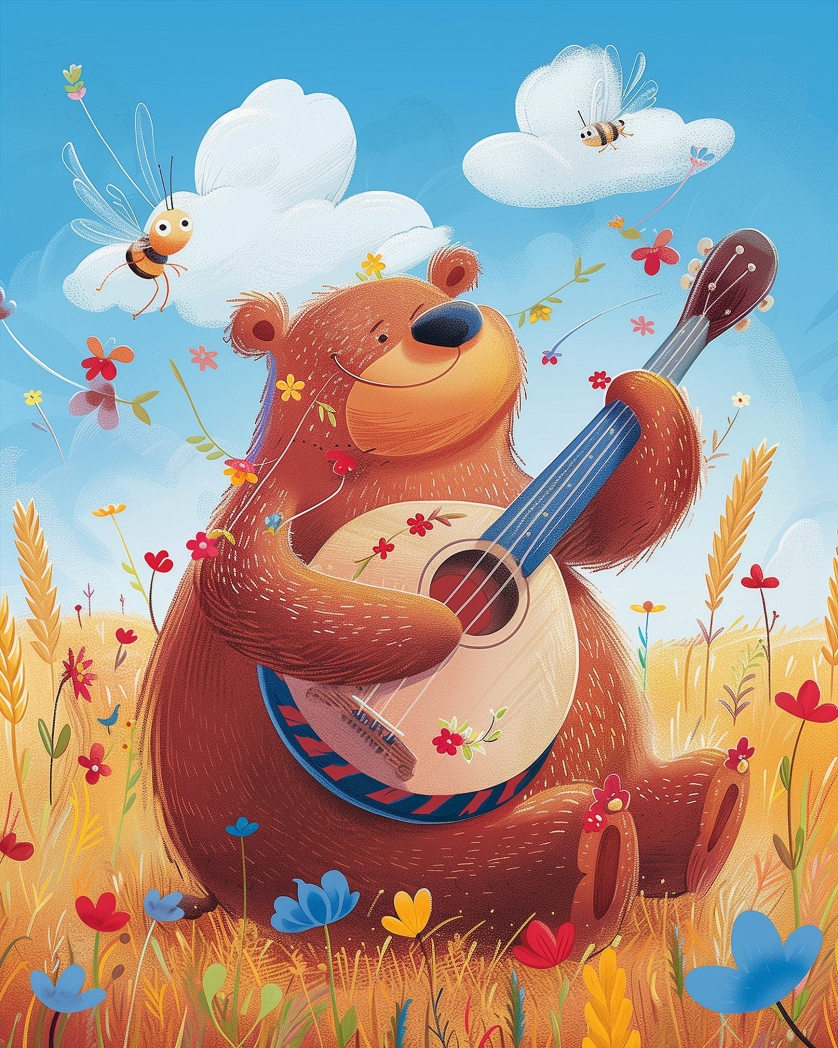 Fixed paint by numbers kit, 24 colors, 12x16in. Charming bear with banjo amid flowers. A joyful stress-relieving craft.