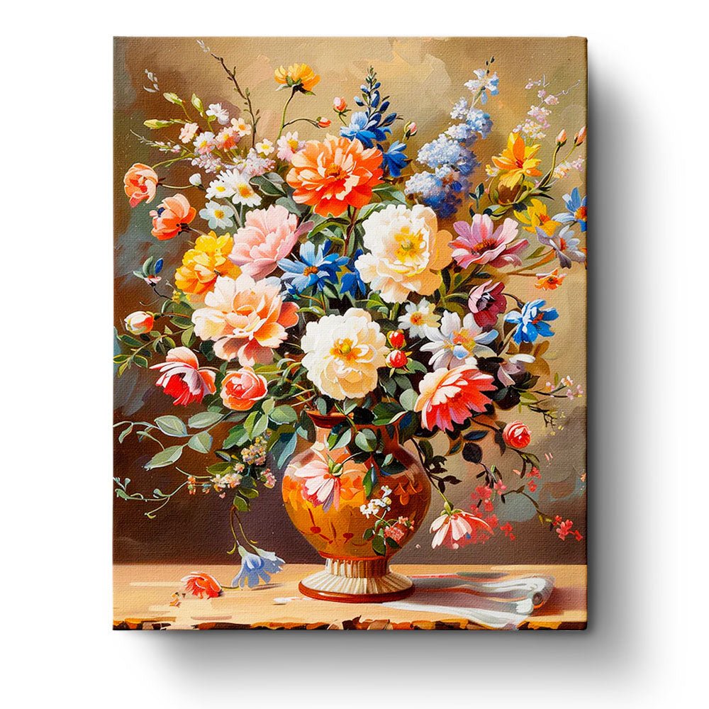 Fixed paint-by-number kit, 24 colors, 16x20in. Vivid floral bouquet in bold strokes. Perfect for mindful relaxation.
