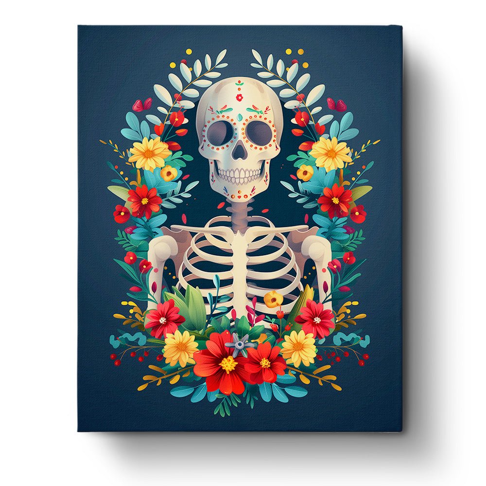 Fixed paint by number kit, 24 colors, 16x20in. Skeleton in floral frame. Stress relief through mindful painting.