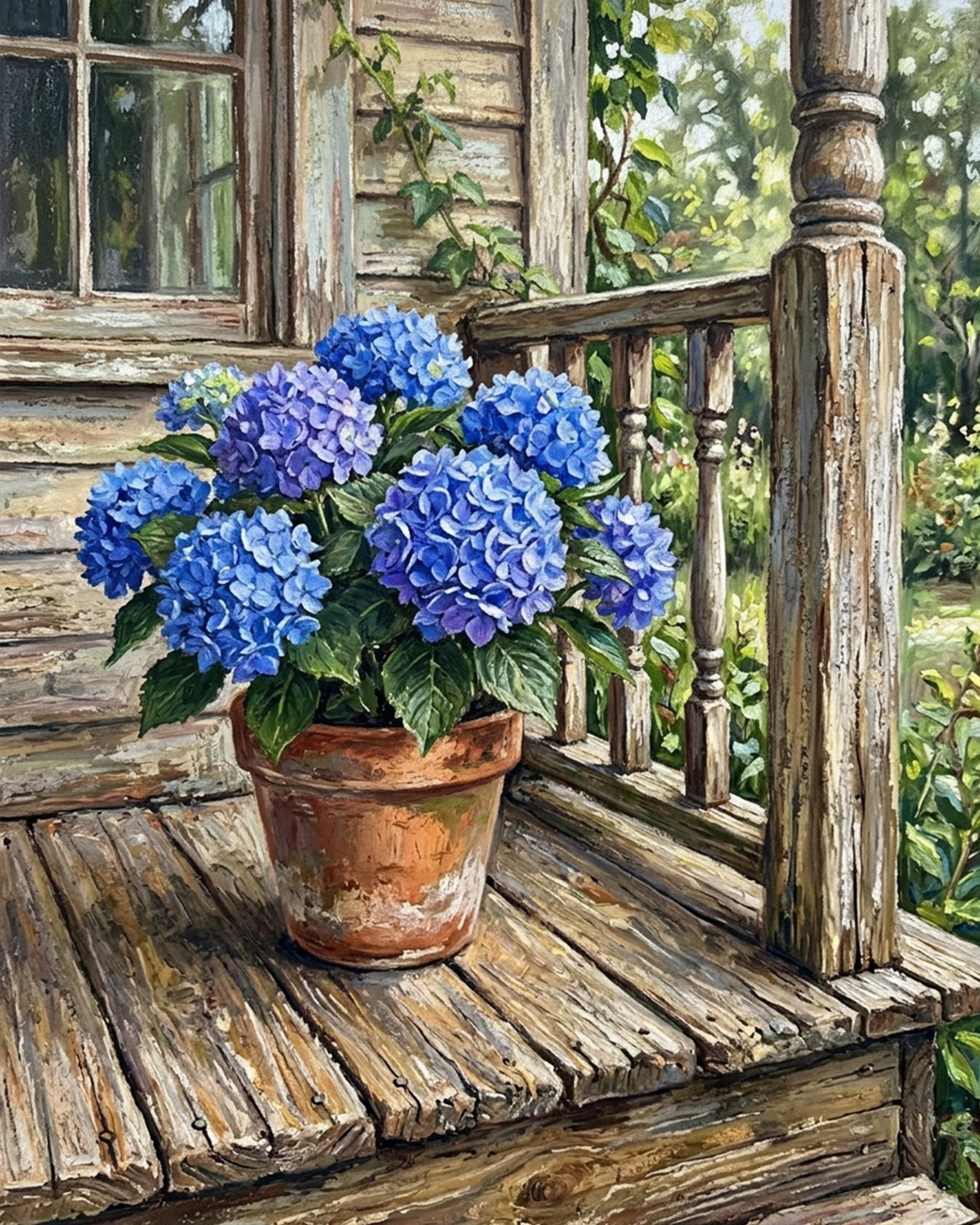 Blue Hydrangeas on Porch - Flowers - BestPaintByNumbers - Paint by Numbers Custom Kit