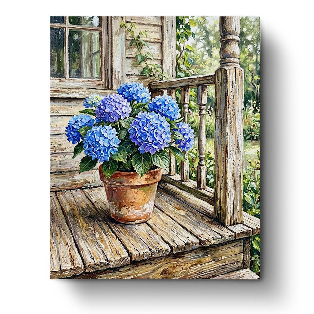 Blue Hydrangeas on Porch - Flowers - BestPaintByNumbers - Paint by Numbers Custom Kit