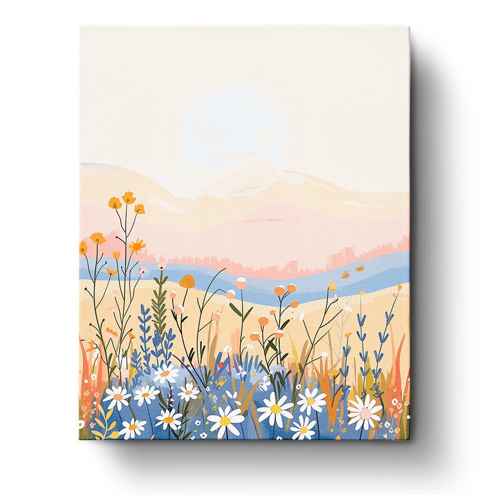 Fixed kit, 24 colors, 16x20in. Serene sunset in fields. Perfect for mindful relaxation. BestPaintByNumbers.