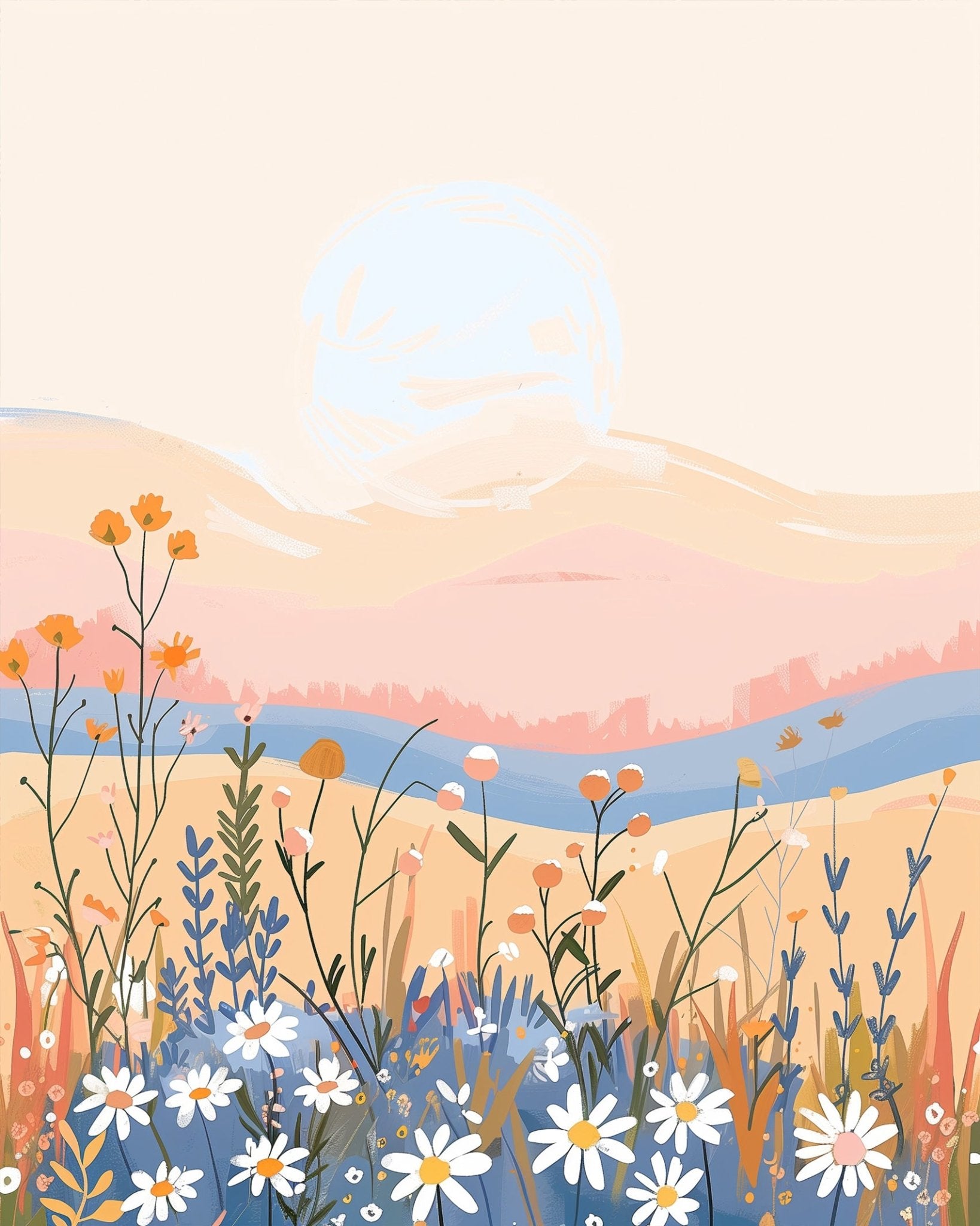 Fixed paint kit, 24 colors, 16x20in. Colorful wildflowers at sunset. Great for stress relief. BestPaintByNumbers.