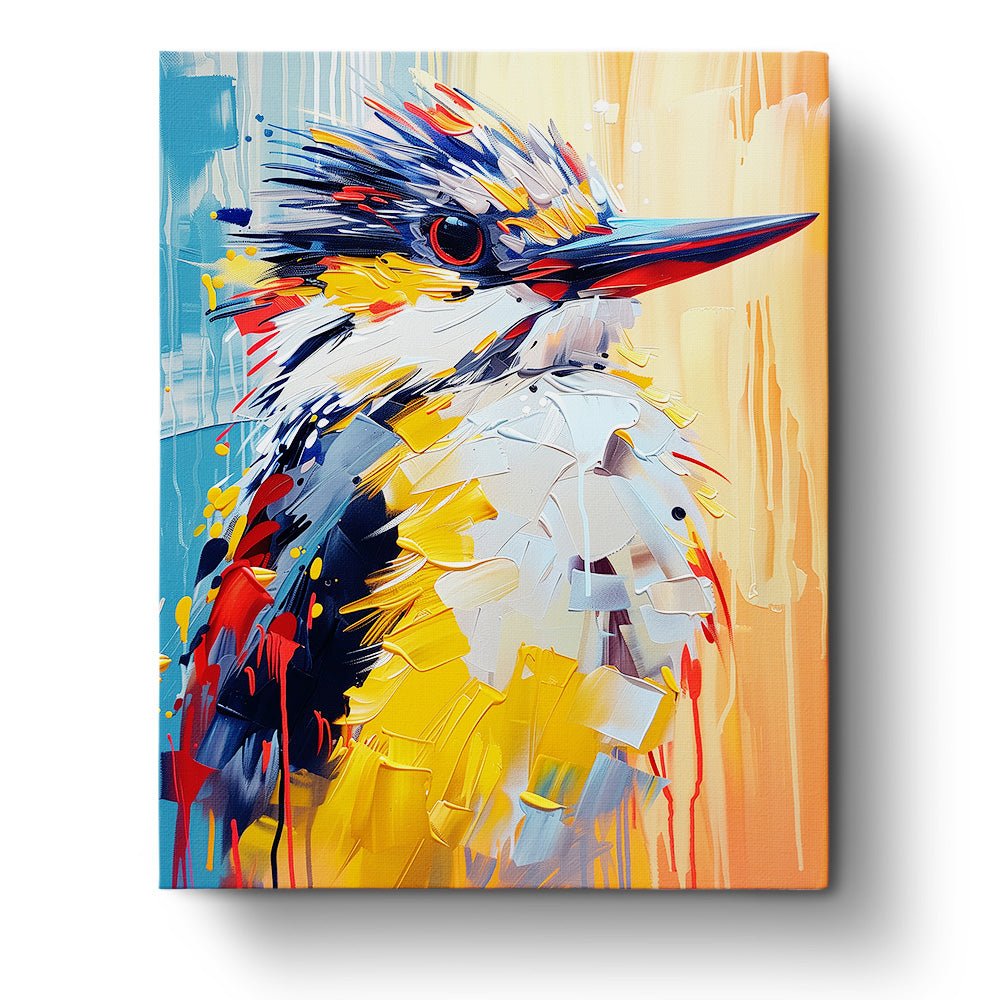 Fixed kit, 24 colors, 16x20in. Bold kingfisher with vibrant patterns. Perfect for thoughtful relaxation.