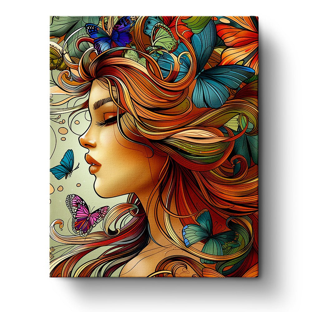 Fixed paint-by-number kit, 24 colors, 16x20in. Woman with vibrant butterflies. A mindful artistic experience.