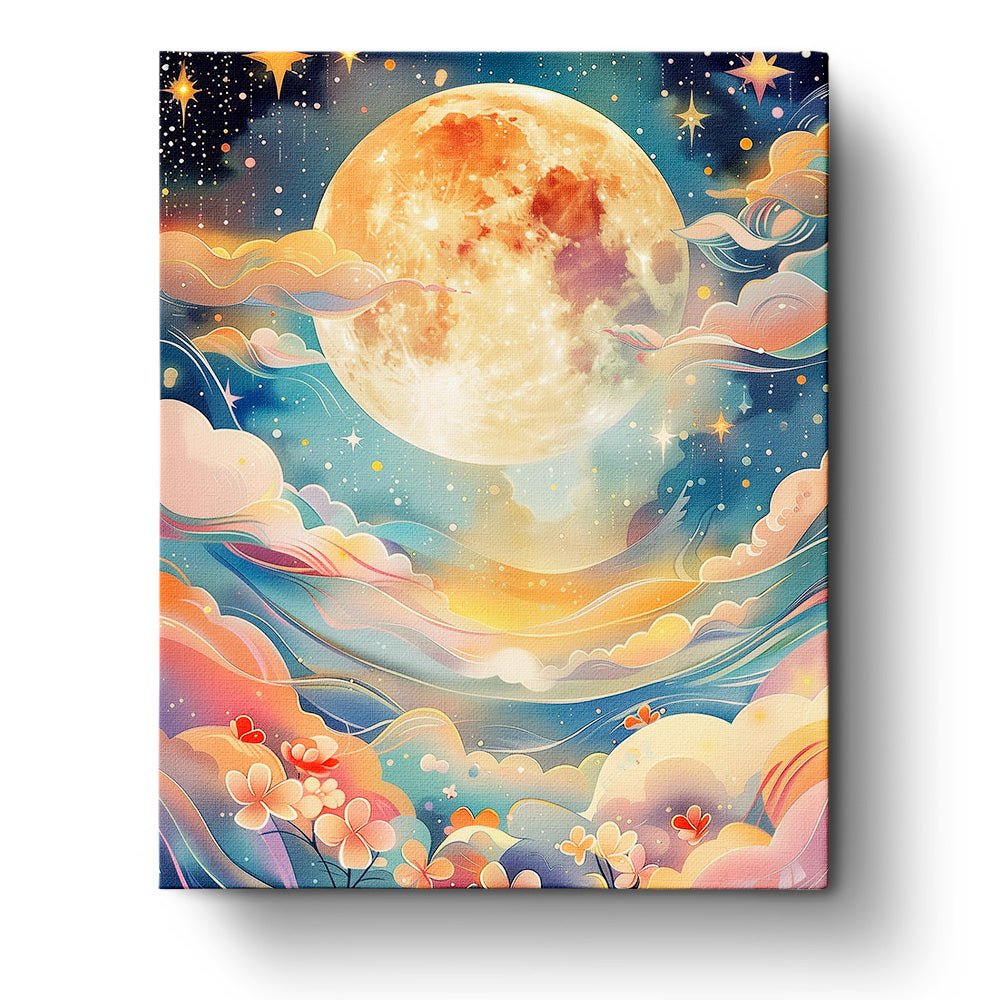 Fixed paint by numbers kit, 24 colors, 16x20in. Moonlit sky with dreamy clouds. Perfect for relaxation.