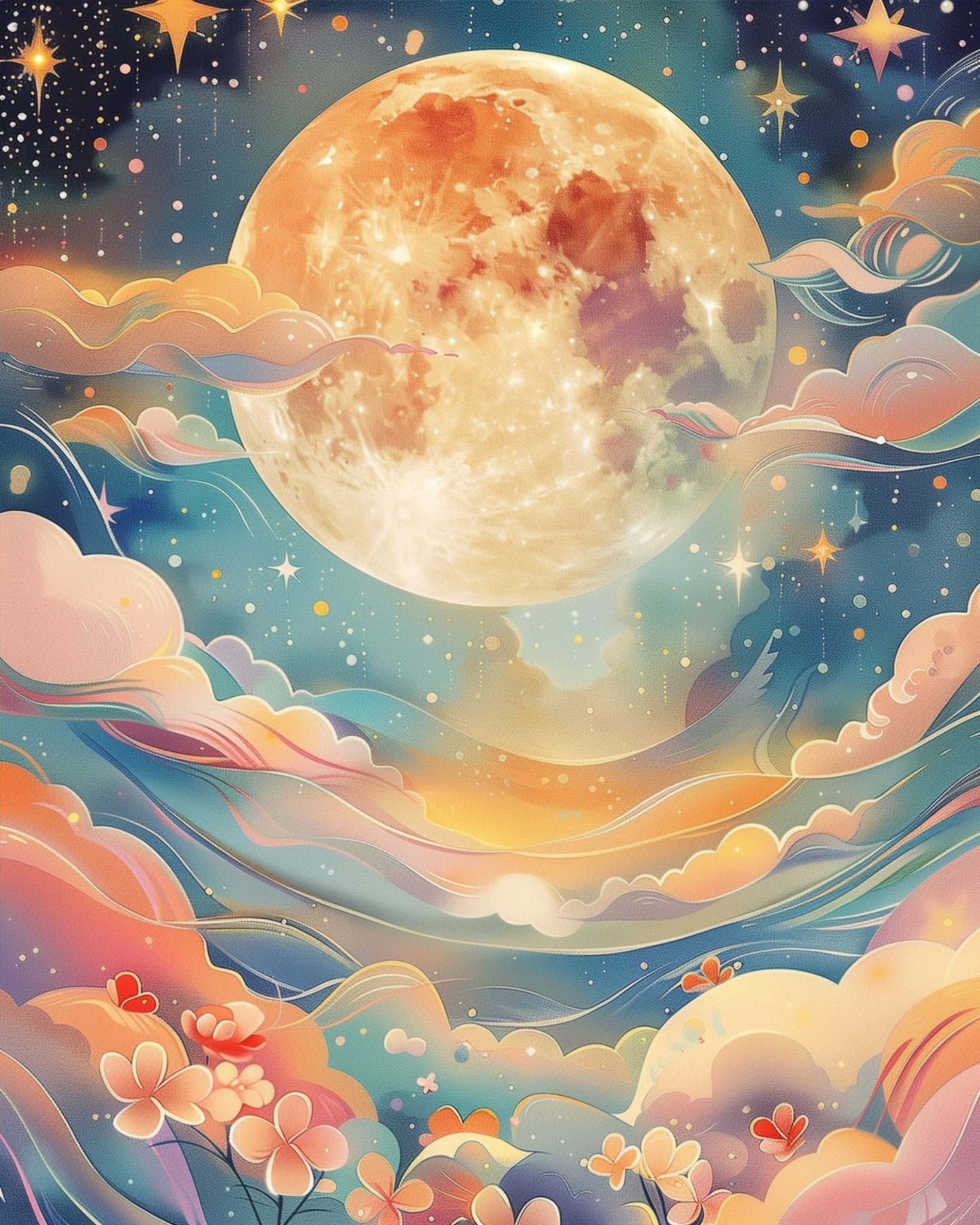 Fixed kit, 24 colors, 12x16in. Celestial scene with vibrant stars. A mindful painting experience.