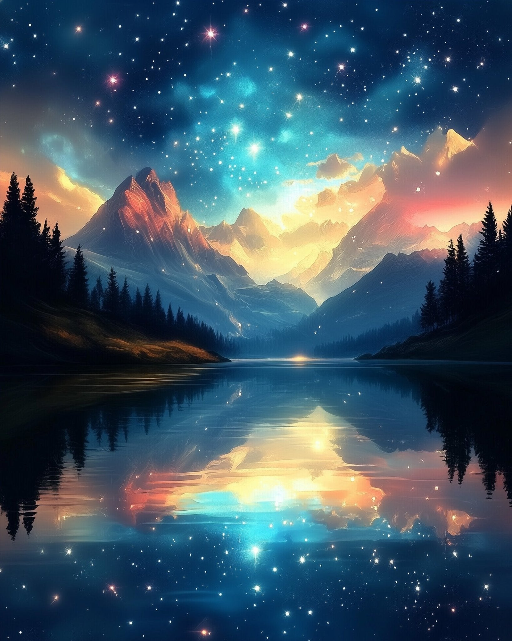 Celestial Mountain Reflection - Galaxies - BestPaintByNumbers - Paint by Numbers Custom Kit