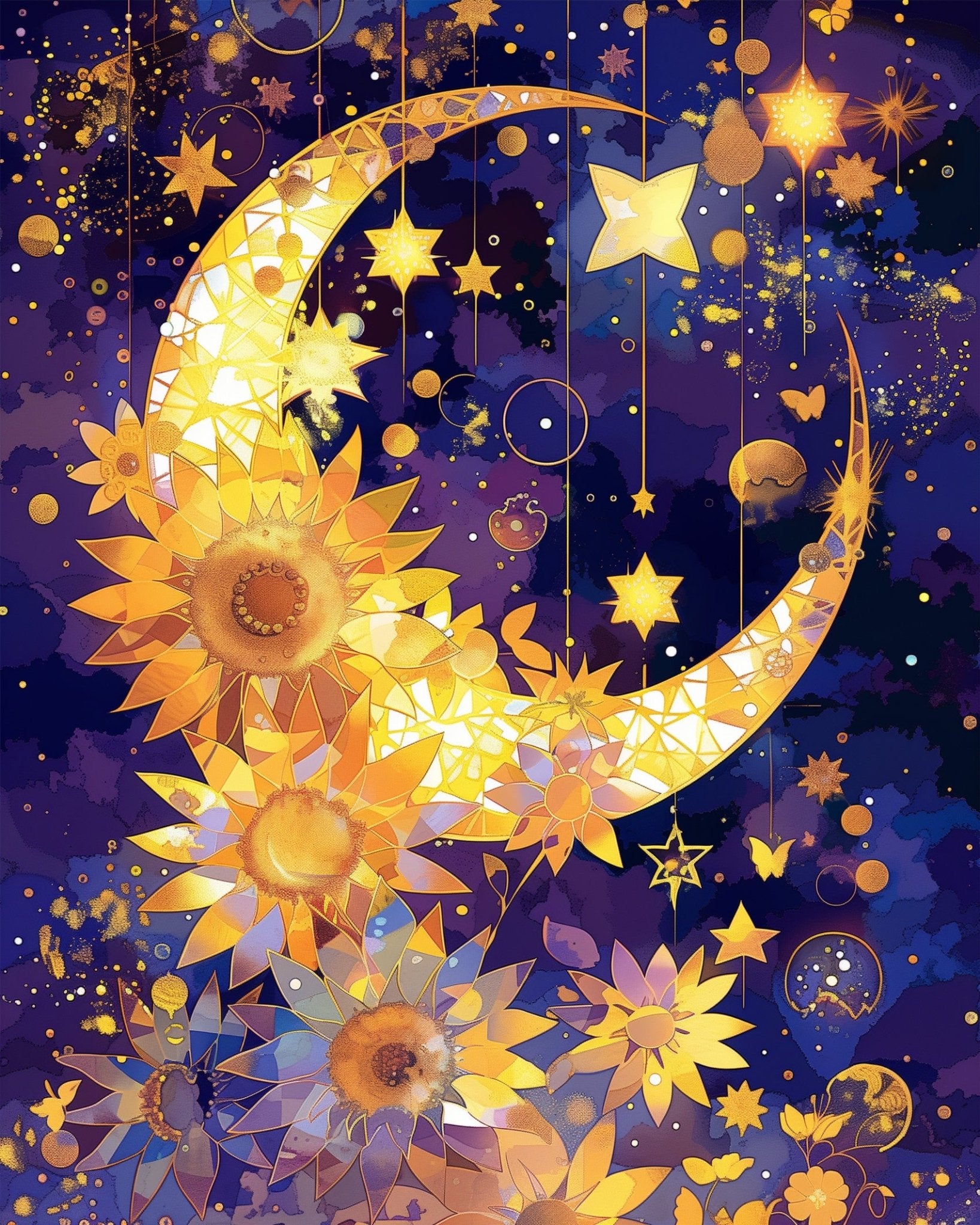 Paint-by-number kit, 24 colors, 16x20in. Celestial sunflower design. A soothing activity for stress relief.