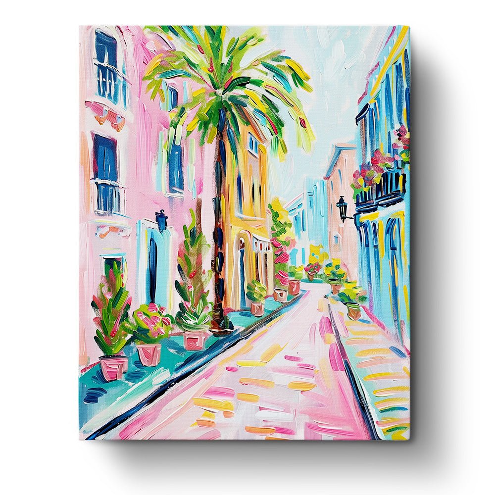 Fixed paint by numbers kit, 24 colors, 16x20in. Pastel street with palm tree. Relax and enjoy creative art therapy.