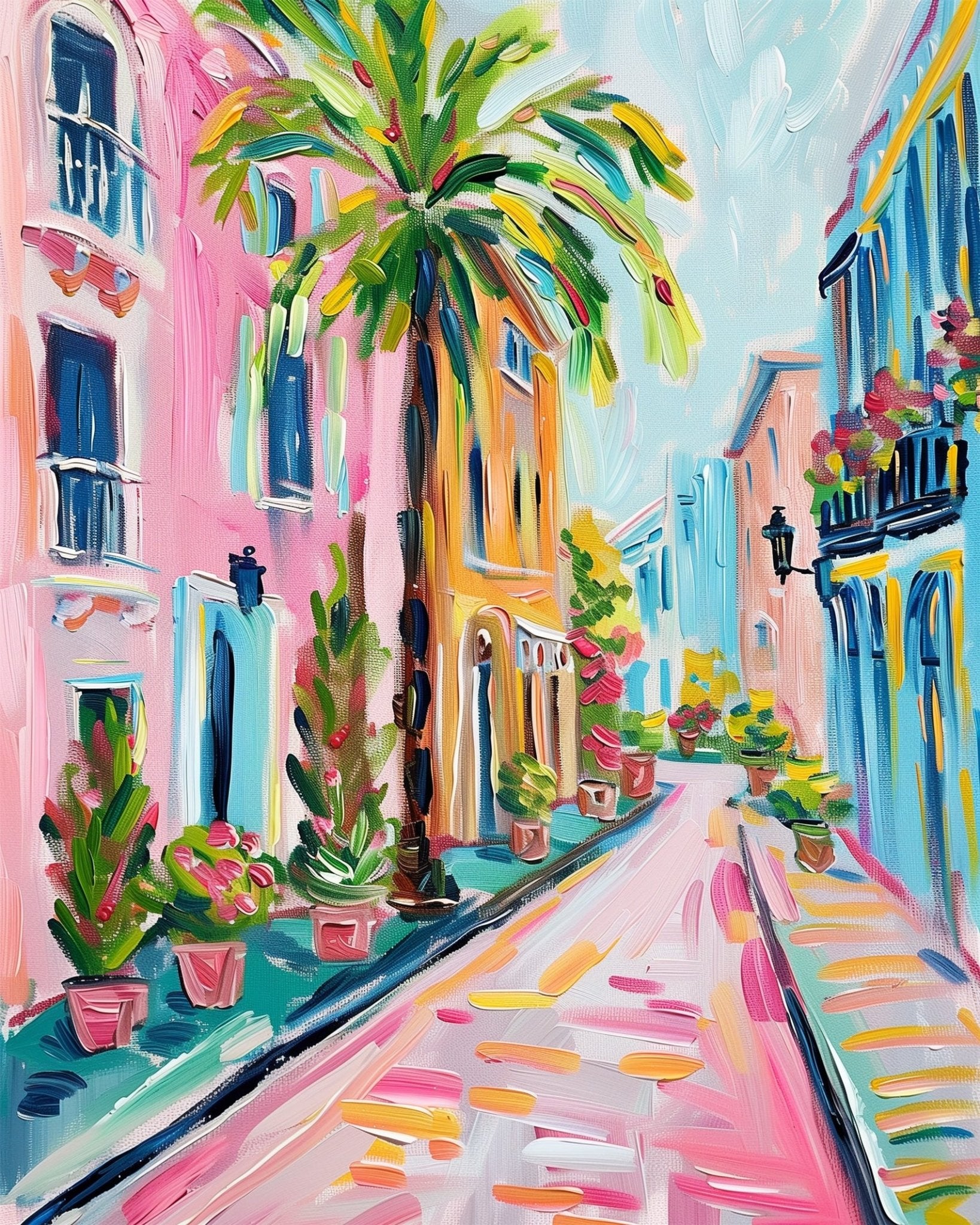 Fixed kit, 24 colors, 12x16in. Charming pastel street scene with bold strokes. Perfect for relaxation and creativity.