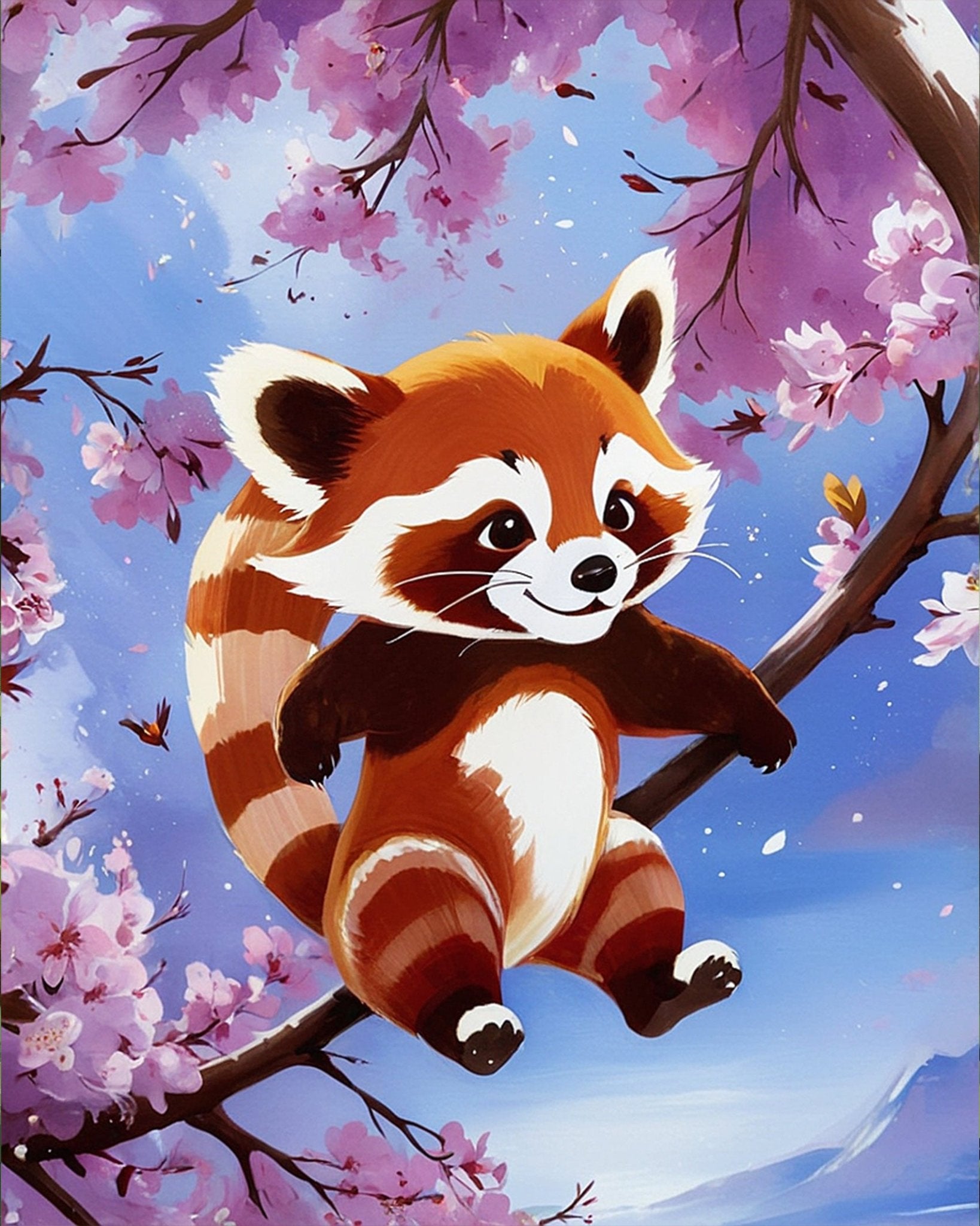 Fixed paint by numbers, 24 colors, 16x20in. Cute red panda amid blossoms for relaxing and creative moments.