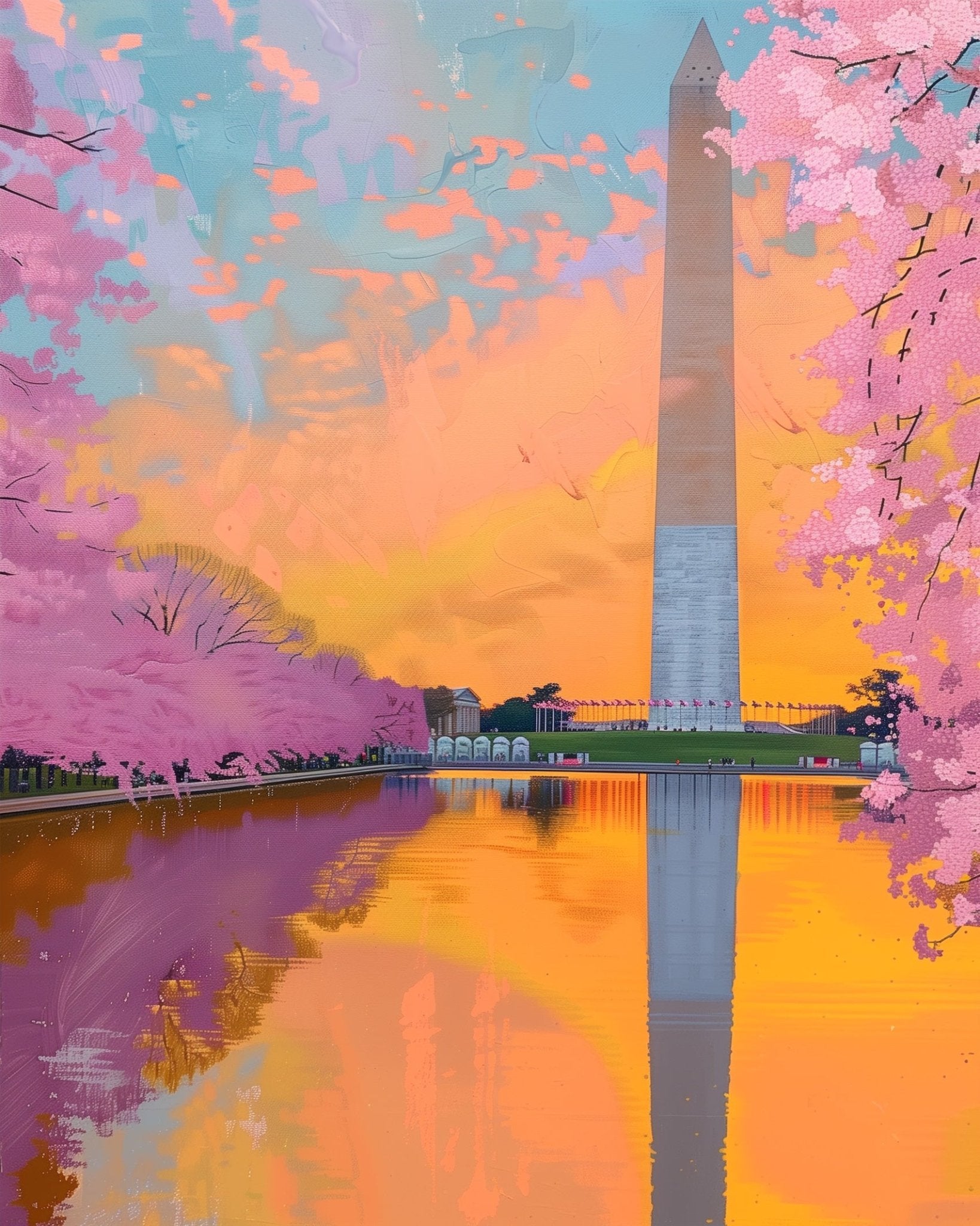 Fixed kit, 24 colors, 12x16in. Washington D.C. scene with cherry blossoms in vibrant hues. Great for stress relief.