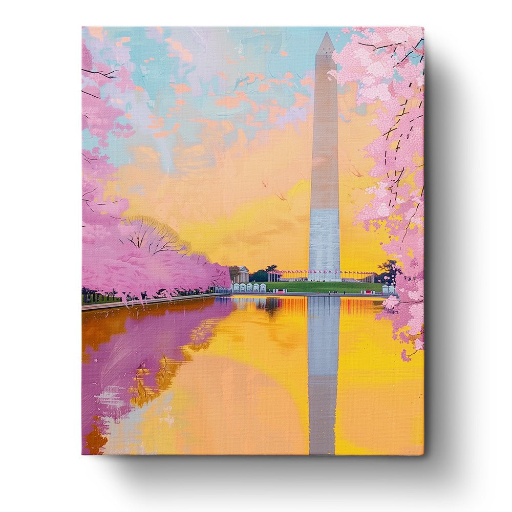 Fixed paint by number kit, 24 colors, 16x20in. Reflection of cherry blossoms and monument at sunset. Calm activity.