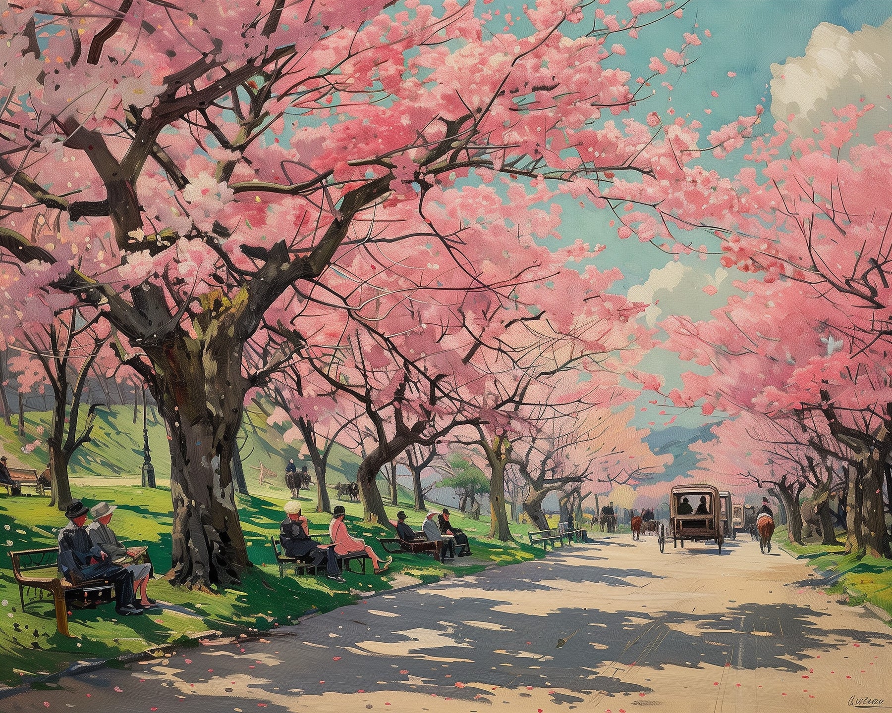 Fixed kit, 24 colors, 12x16in. Cherry blossom pathway. Enjoy stress-free painting with BestPaintByNumbers.