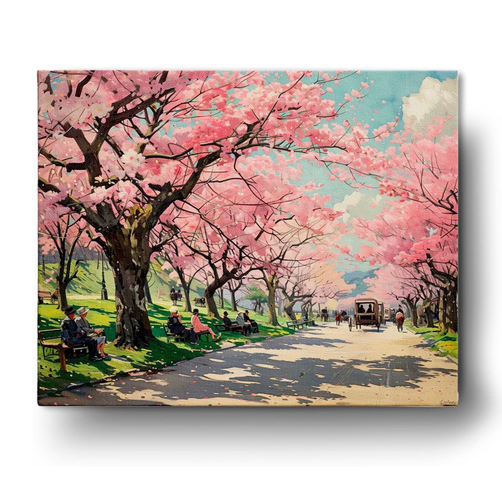 Fixed paint-by-number kit, 24 colors, 16x20in. Peaceful cherry blossoms. Perfect for a calming art experience.