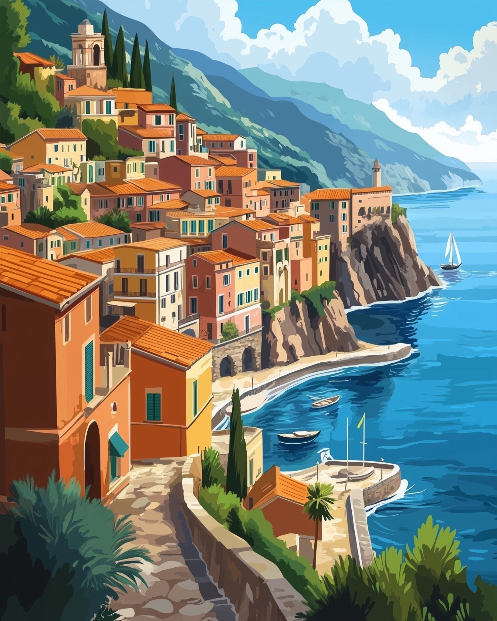 Coastal Village Vista - Landscapes - BestPaintByNumbers - Paint by Numbers Custom Kit
