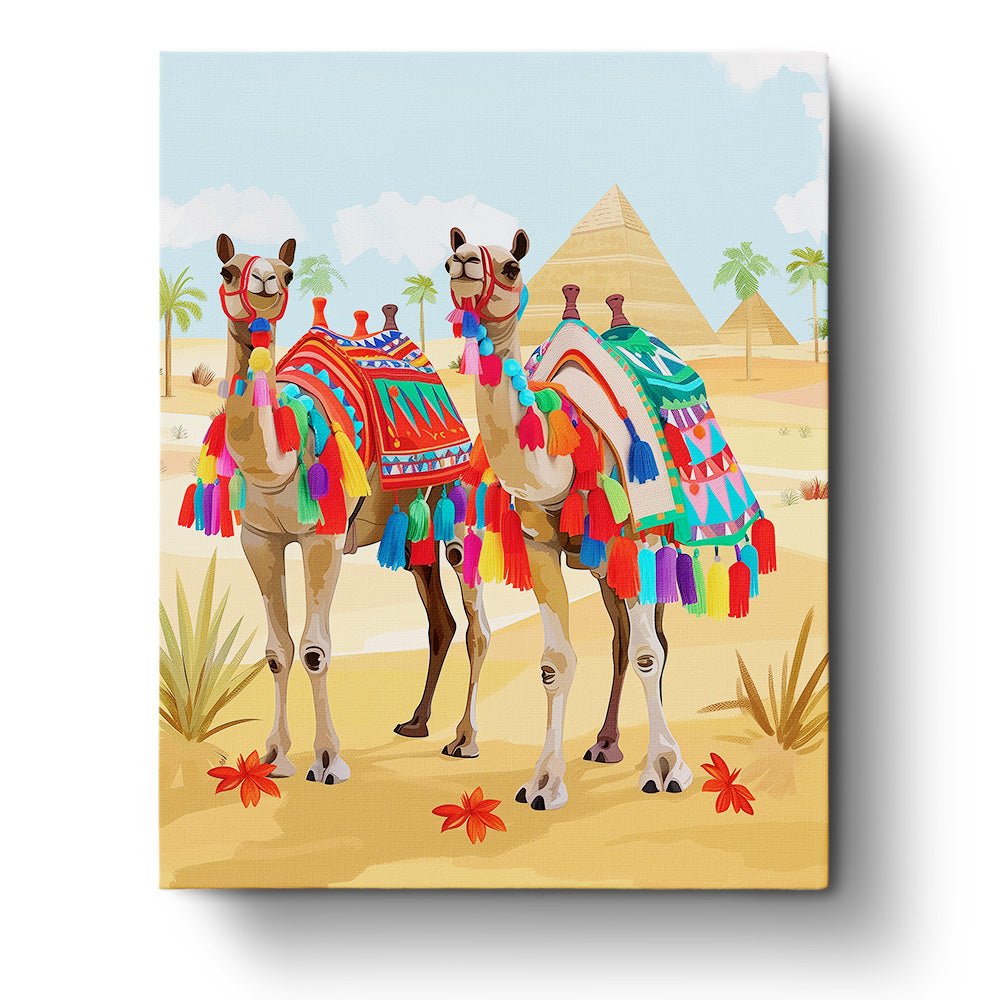 Fixed paint by numbers kit, 24 colors. Camels in colorful garb before pyramids. A joyful and calming painting experience.