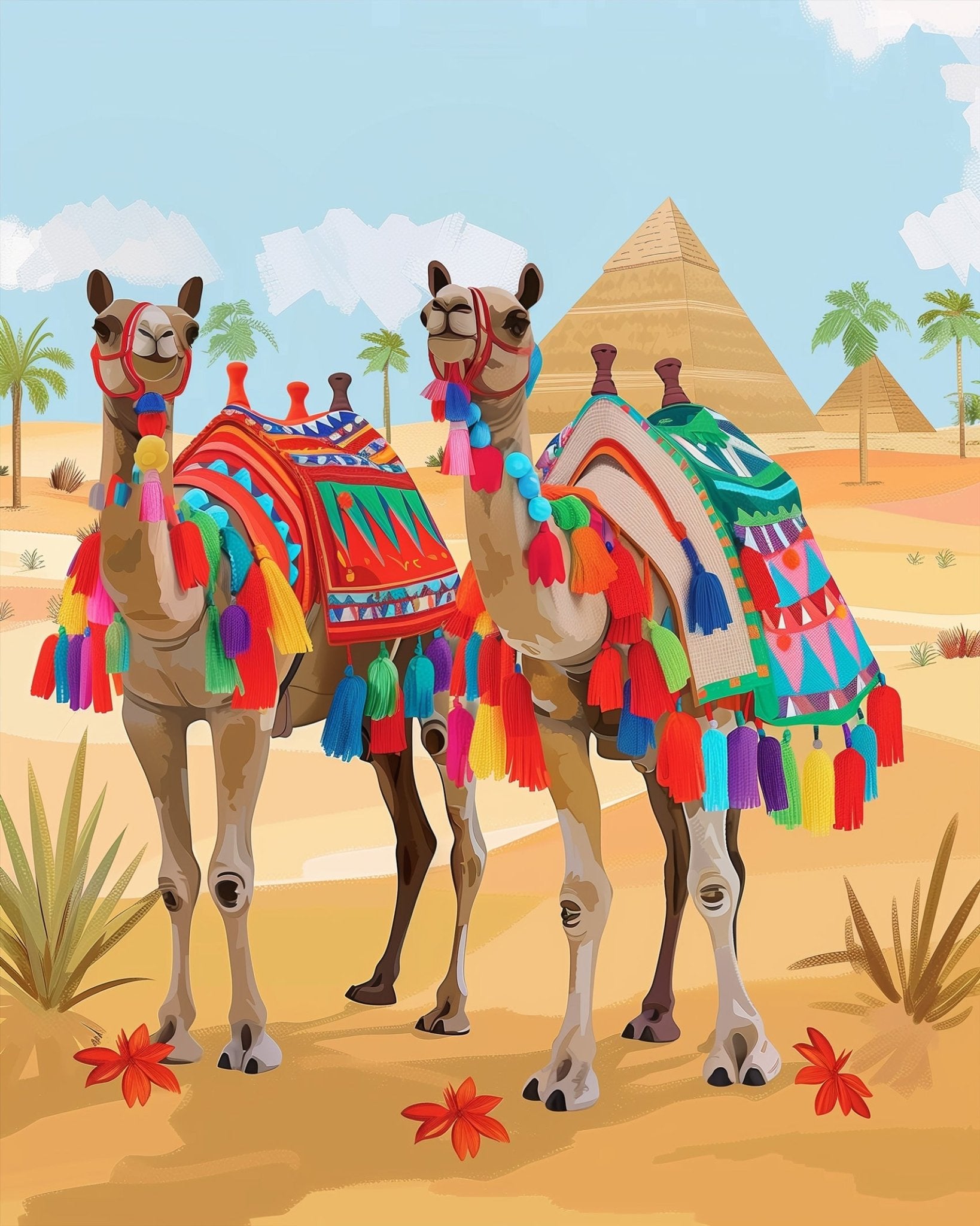 Fixed kit, 24 colors. Egyptian camels with intricate blankets. Enjoy relaxation and creativity with BestPaintByNumbers.