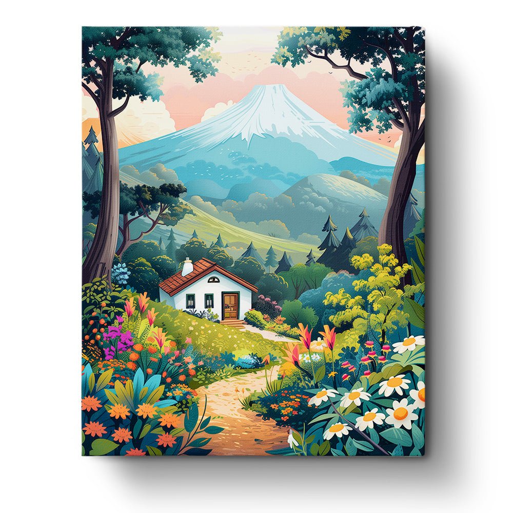 Fixed paint by numbers, 24 colors, 12x16in. Bright house and mountain landscape for relaxation.